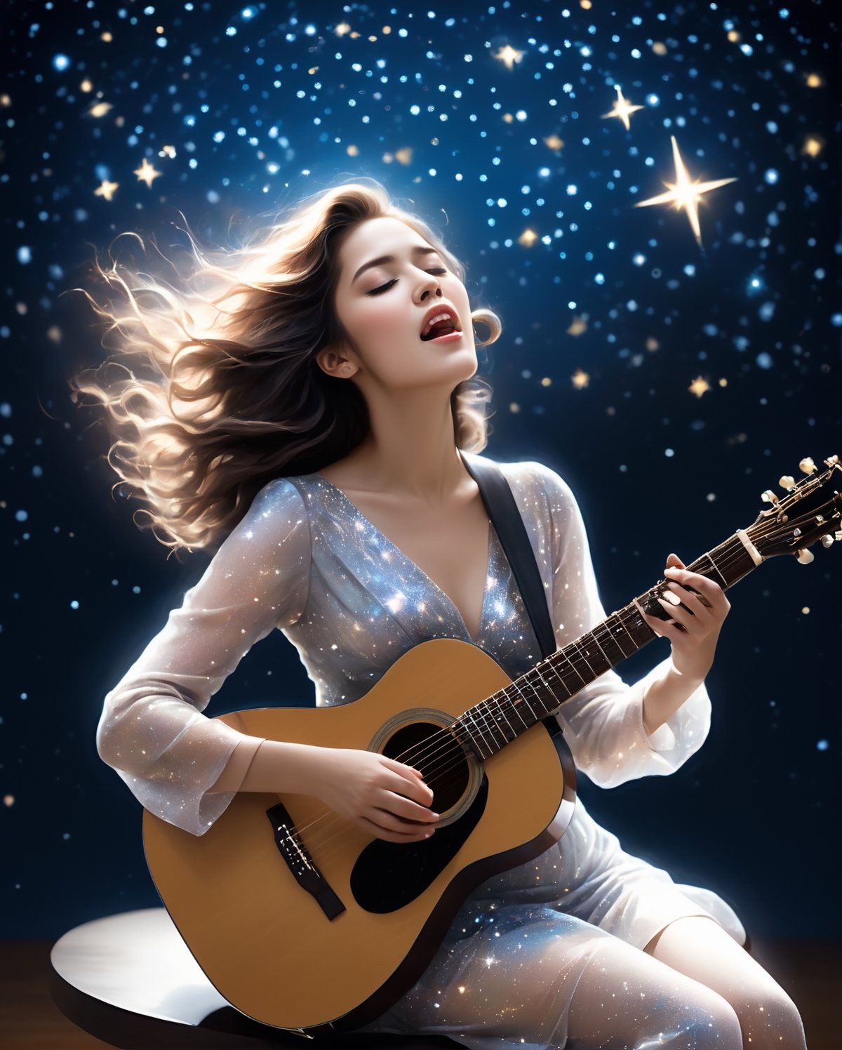 This AI illustration depicts a female singer in her twenties sitting cross-legged on a chair with a calm expression on her face as she plays her guitar and sings in a place with a starry night sky and sparkling stardust in the background. Her hair elegantly flutters in the wind, playing the beauty of the universe along with her singing voice. The singer's outfit reflects the brightness of the stars and emphasizes her charm. Fantastic light drifts around her, further expressing the mystical atmosphere of the night sky. Her eyes are full of passion, and one can sense her wholehearted devotion to music. This illustration depicts a dreamlike moment when music and the beauty of the universe merge.