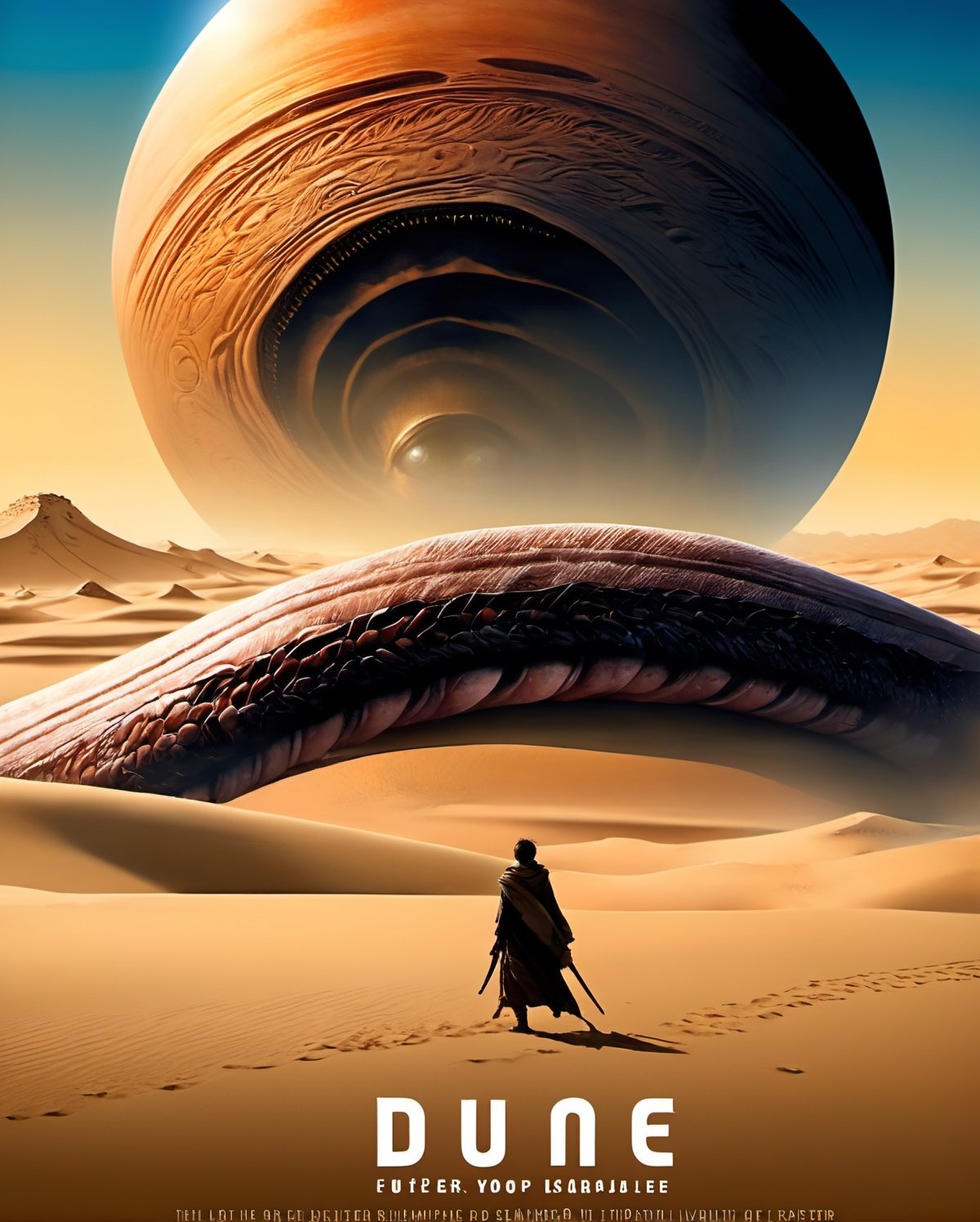 Transport yourself to a captivating realm where the mystique of "Dune" converges with the ethereal beauty of Japanese mythical creatures in this official movie poster illustration. Against the backdrop of the iconic desert planet, Arrakis, colossal sandworms emerge, intertwining seamlessly with legendary Japanese yokai like kitsune and kirin. The delicate balance between futuristic sci-fi aesthetics and traditional Japanese artistry is expertly captured, as spaceships soar above ancient pagodas. The poster's color palette blends the warm hues of Arrakis' dunes with the vibrant shades of traditional Japanese art, creating a visually stunning and harmonious fusion. Immerse yourself in a cinematic experience that seamlessly weaves together the rich tapestries of two distinct yet captivating worlds.