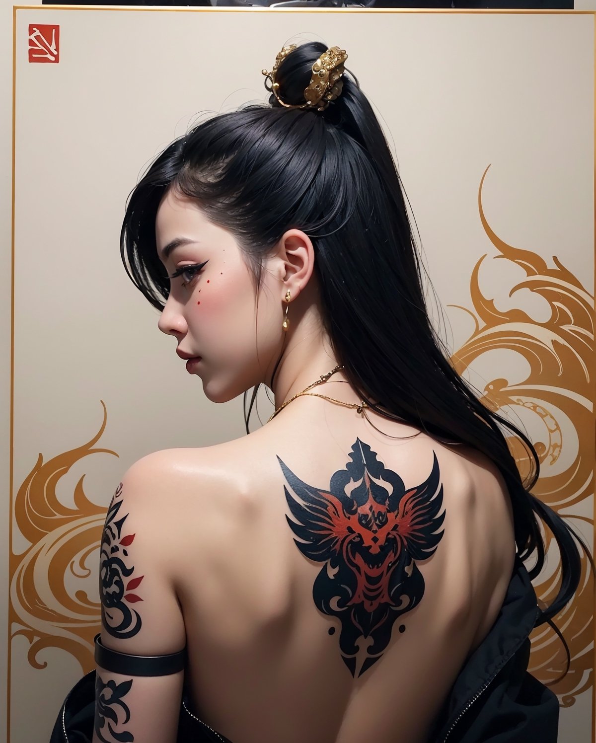 Imagine an illustration portraying the intricate tattoo adorning the back of a Japanese Yakuza member, a visual representation of their status, allegiance, and personal history. Dominating the canvas, a fierce dragon coils sinuously, its scales rendered in exquisite detail, shimmering with hints of gold and crimson. Flames dance around the dragon's claws, symbolizing power and ferocity. Cherry blossoms cascade down from the dragon's form, juxtaposing beauty with strength, representing the transient nature of life. In the background, traditional Japanese motifs like waves or clouds add depth and context to the design, while smaller symbols and characters may convey personal meanings or affiliations. This illustration captures the essence of the Yakuza's aesthetic, blending tradition with symbolism to create a striking and evocative tattoo.