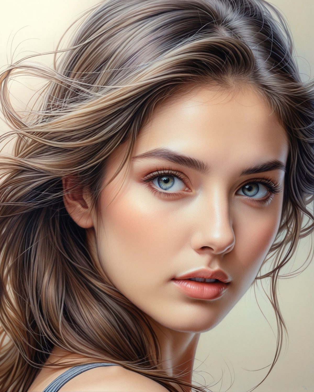 A beautifully rendered pastel color  pencil art portrait of a woman with a captivating gaze. The illustration showcases her delicate facial features, with soft shading and detailing that brings the image to life. The background is a subtle blend of gray tones, drawing focus to the woman's captivating expression and the intricate strands of her hair. The overall effect is a timeless, elegant piece that captures the essence of the subject's soul.,1girl,artint