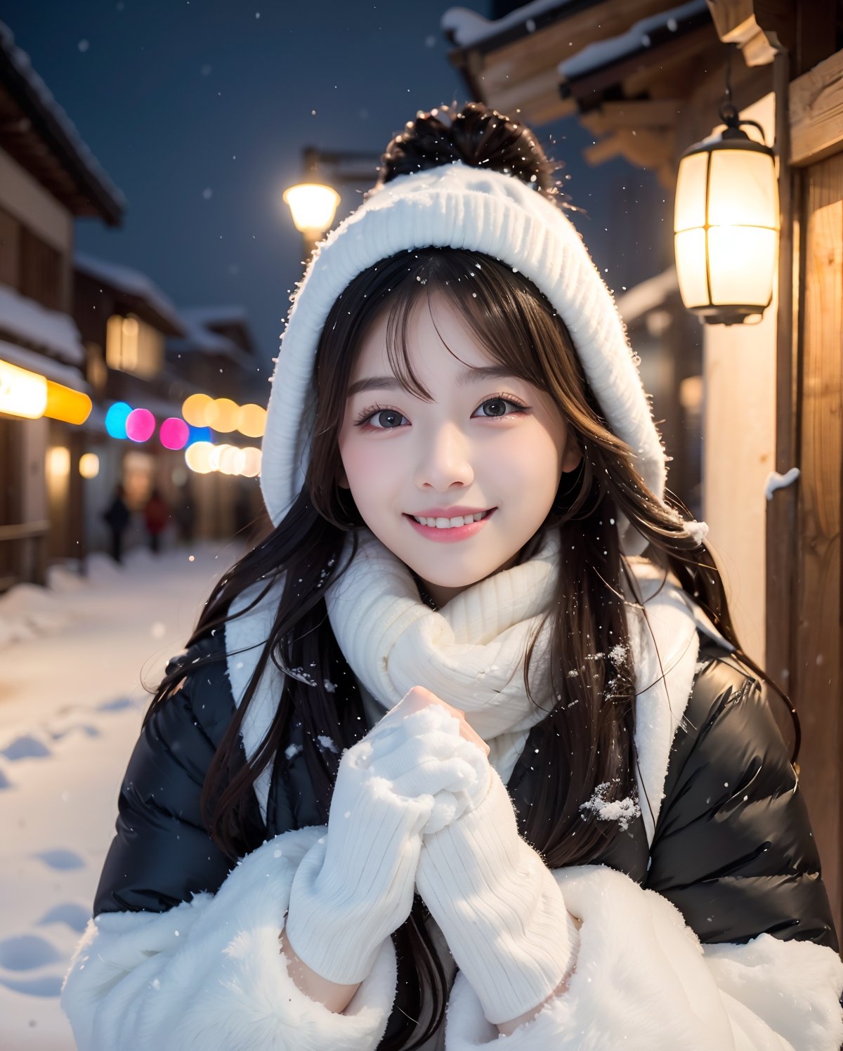 (4k, RAW photo, best quality, masterpiece:1.2),japanese,1girl,winter,snow fall,night light,face focus,smile,looking at viewer,tremendous snowfall
 