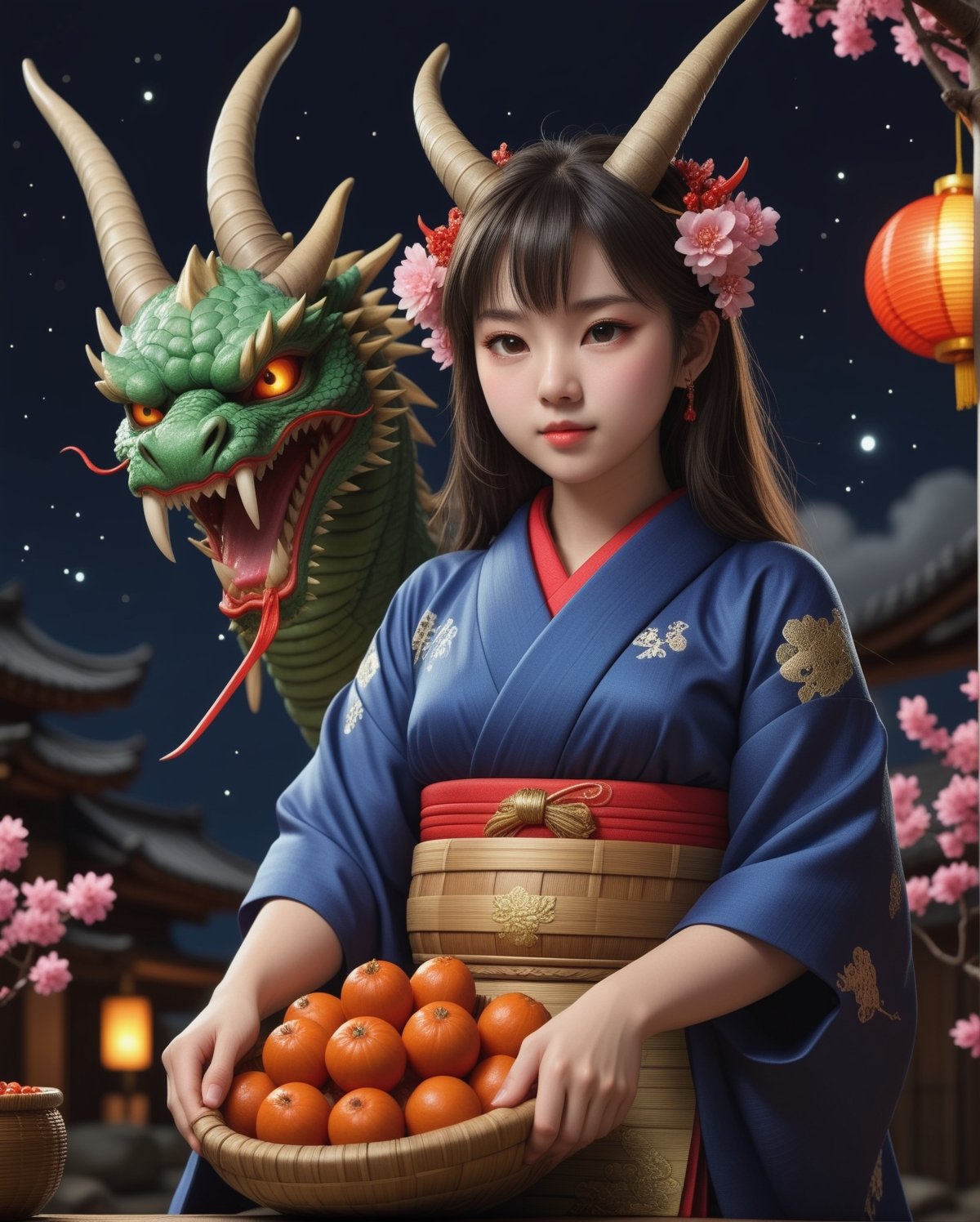 1girl, solo, ONIYOME, ONI horns, dragon, swtubun, wearing a Japanse kimono dress, beans, anime style illustration, realistic, high res, best quality, 8k, masterpiece, paper lantan, night, night sky, lantan, horns, dragon horns, beans, basket, realistic, photorealistic, ,more detail XL,<lora:659095807385103906:1.0>