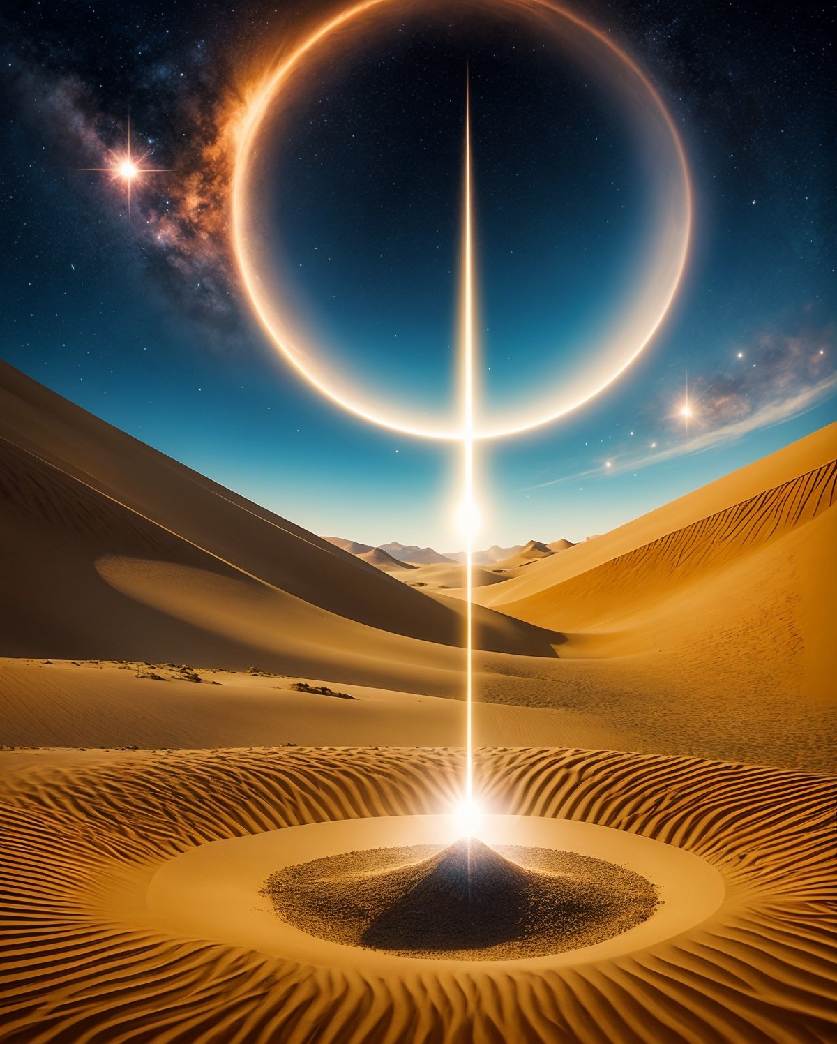 Imagine an evocative illustration inspired by the religious themes of "Dune." In this image, a cosmic tapestry unfolds, depicting followers of the mysterious Bene Gesserit sisterhood engaging in ritualistic practices. The backdrop showcases the colossal sand dunes of Arrakis, echoing the desert planet's spiritual significance. Cloaked figures engage in meditative stances, symbolizing the quest for prescient visions and enhanced awareness. At the center, a sacred spice melange radiates an otherworldly glow, embodying the transformative and mystical properties revered in the "Dune" universe. This artwork visually encapsulates the fusion of mysticism, interstellar politics, and the enigmatic allure of the desert world's religious undertones.