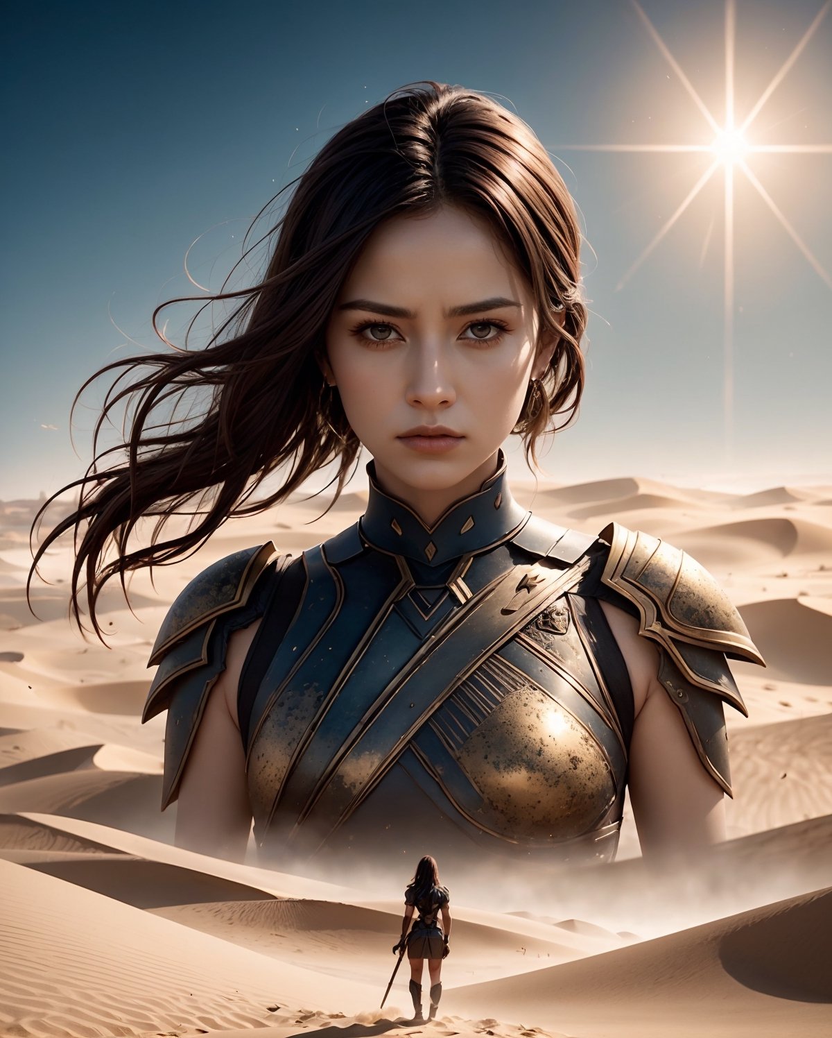 Step into the cinematic allure of Arrakis with an epic movie poster-style portrait featuring a formidable female warrior. The backdrop of endless sand dunes is illuminated by the twin suns, casting an atmospheric glow that wraps around the scene. The central focus is the silhouette of a desert warrior, dressed in intricate armor, her back to the audience. Her mysterious gaze is directed into the horizon, a symbol of strength and enigma against the harsh beauty of Dune. Her hair is tousled by the winds, adding a dynamic flair to the image. Dramatic lighting highlights the details of her battle-worn attire and the gleaming crysknife at her side. Embrace the enigma and strength of this desert warrior in a visually captivating Dune-inspired movie poster.