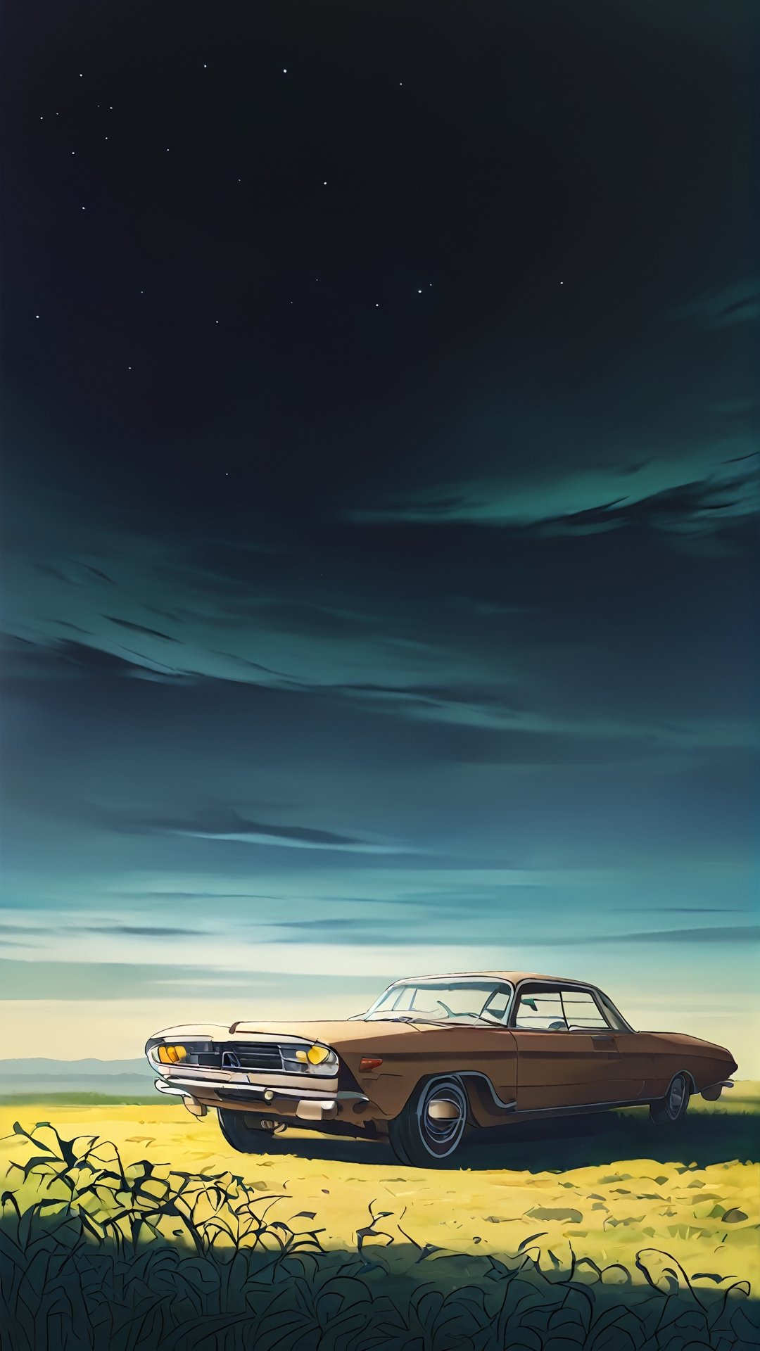 Create a captivating LOFI digital landscape illustration featuring a weathered retro car, LOFI colors, and natural landscapes seamlessly blended. Imagine a scene that evokes a sense of nostalgia, timelessness, and the beauty of nature intertwined with remnants of the past.

Start by depicting a weathered retro car with rusted patches, faded paint, and vintage charm. Place the car in a serene natural setting, such as a peaceful meadow, a tranquil lakeside, or a winding country road surrounded by trees and hills.

Integrate LOFI elements like soft gradients, subtle noise, and muted tones to give the illustration a vintage and analog feel. Use colors that evoke a sense of warmth and tranquility, enhancing the nostalgic atmosphere.

Add details like gentle sunlight filtering through leaves, dappled shadows on the ground, and subtle textures to enhance the LOFI aesthetic. Incorporate elements of nature such as wildflowers, grasses swaying in the breeze, or a distant mountain range to complete the landscape.

Let the overall composition convey a story of the passage of time, the beauty of decay, and the enduring allure of nature, inviting viewers to reflect on the connections between the past, present, and the ever-changing landscapes of life.