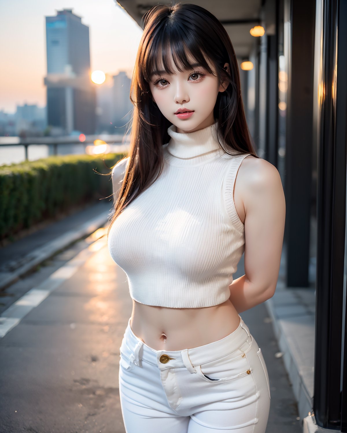 (full body portrait:1.3), (long straight hair with bangs:1.2), windblown hair, (salon style hair:1.3), (shiny black hair:1.3), (hime cut bangs:1.5), ((centered image)), a stunning beautiful and busty woman, 20yo, 
BREAK, 
((sunset street:1.3), in city, metropolis, (looking at the viewer:1.3), (view viewer), (facing the viewer:1.3), (standing with arms behind back:1.3), 
BREAK, 
masterpiece, best quality, highres, 1girl, Korean hot model, looking at viewer:1.3, (smile:0.6), wearing ((white body fit sleeveless turtleneck knit sweater and skinny jeans:1.3)),  realistic, busty, (sagging breasts:1.37), (medium breasts:1.37),(narrow waist:1.3),(thin legs:1.3), parted lips, glossy juicy lips, pink lips, ,Realism,photo of perfecteyes eyes