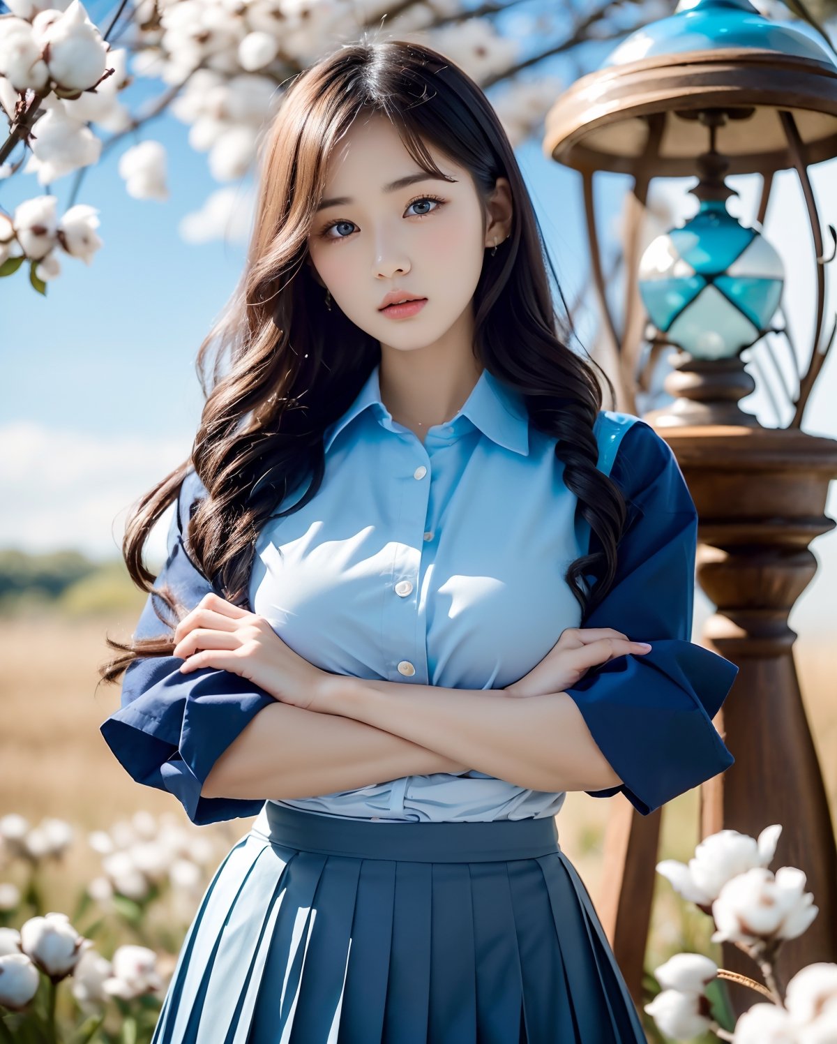 portrait of a stunning pretty and beautiful Japanese_beauty_girl, 22yo, wearing a ((blue collared shirt and cotton pleated skirt:1.2)), small Japanese idol face, (tareme:1.2), perfect face,perfect eyes,HD details,high details,sharp focus,studio photo,HD makeup,shimmery makeup,celebrity makeup,(( centered image)) (HD render)Studio portrait, (magic, magical, fantasy:1.2), (huge breasts),(round breasts),(hourglass body:1.3),(standing with spread arms:1.2),  at rape blossom field, rape blossom, full blossom, blue sky, cloud, (spring theme:1.3), (insanely detailed background, blurry background), ,edgKM,photo of perfecteyes eyes
