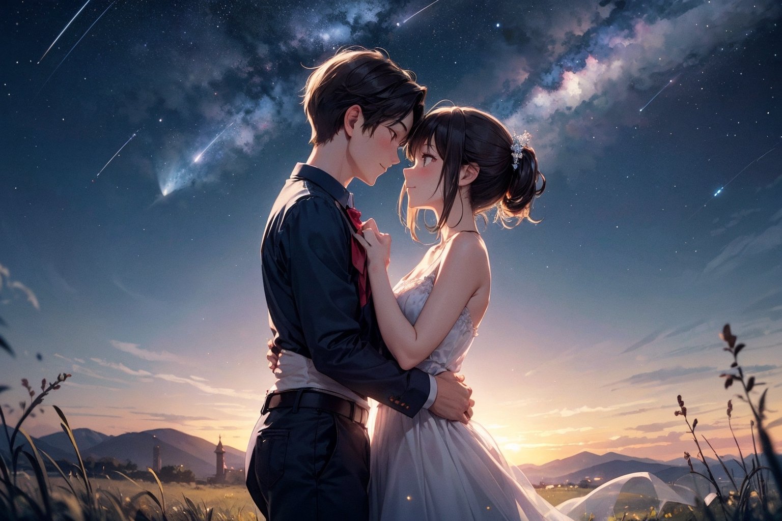 "A romantic night scene rendered in a blend of 3DCG and watercolor style, featuring a young couple under a starry sky. The boy and girl are standing close together, gazing up at a brilliant shooting star that illuminates the sky. The girl's smile shines brightly as the stars twinkle around them. The night sky is filled with countless stars, creating a magical and serene atmosphere. The couple's hearts are united, symbolized by the shooting star tying their dreams together. The background includes gentle rolling hills and a calm, expansive meadow, adding to the peaceful and romantic setting. The colors should be soft and dreamy, with watercolor textures blending seamlessly with the 3DCG elements. Focus on the glowing shooting star, the tender expressions of the couple, and the ethereal quality of the scene."