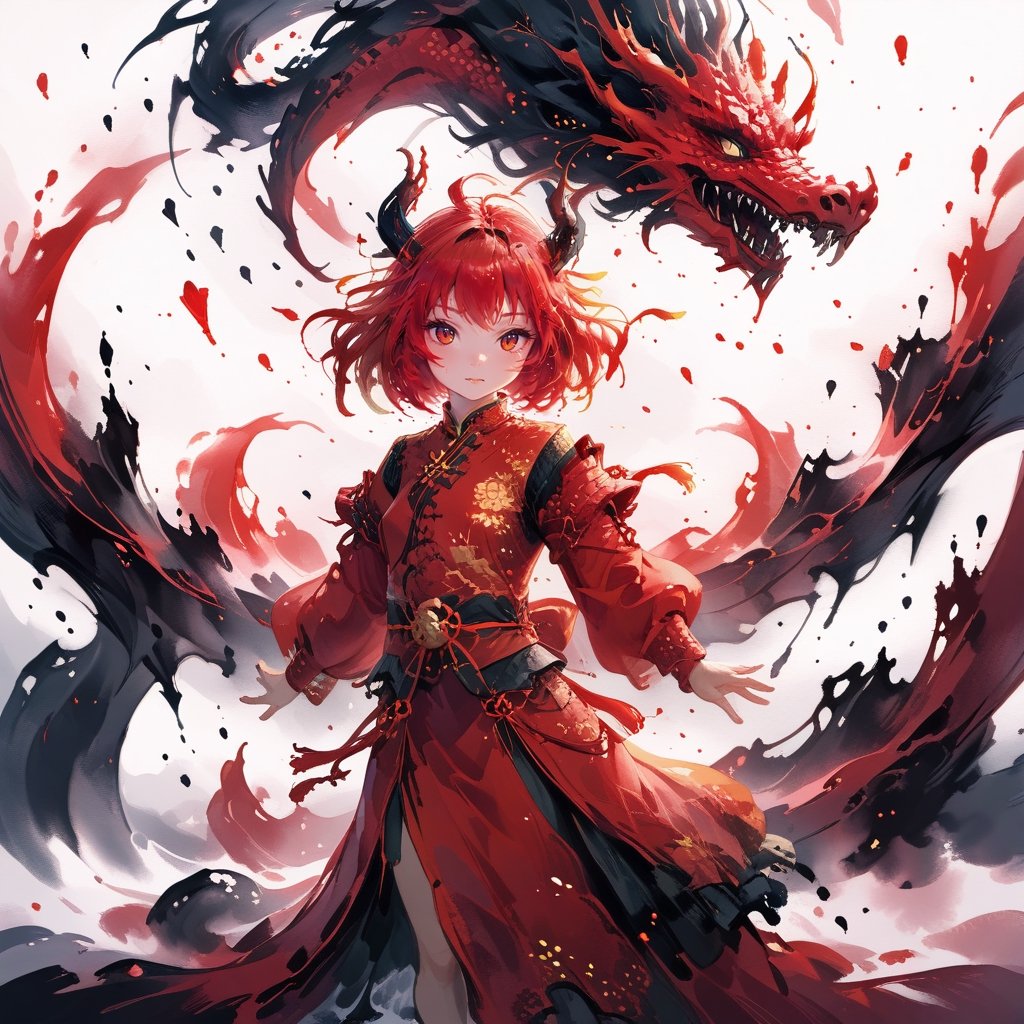 stylized inkpainting and digital anime painting, eastern dragon, ink painting, 1dragon girl, weaing a cheongsam red armored dress, ray tracing, 8k, realistic, masterpiece, best quality,aesthetic,1dragon girl,dragon,,,,<lora:659095807385103906:1.0>