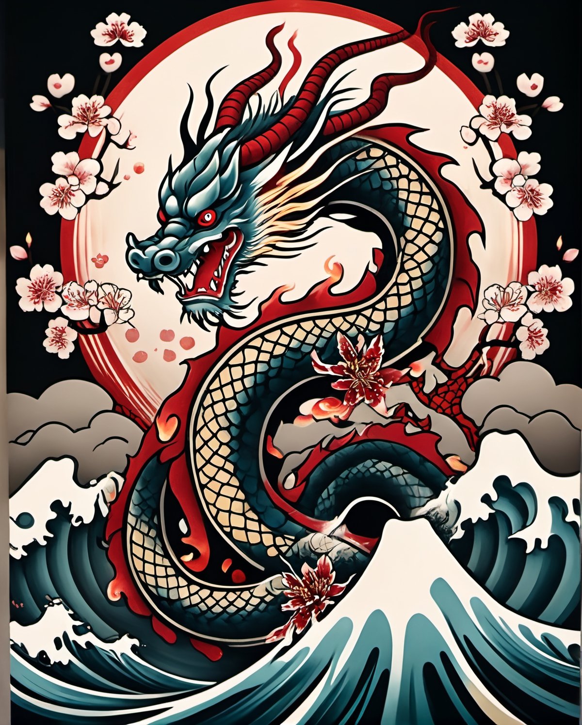 Imagine an illustration portraying the intricate tattoo adorning the back of a Japanese Yakuza member, a visual representation of their status, allegiance, and personal history. Dominating the canvas, a fierce dragon coils sinuously, its scales rendered in exquisite detail, shimmering with hints of gold and crimson. Flames dance around the dragon's claws, symbolizing power and ferocity. Cherry blossoms cascade down from the dragon's form, juxtaposing beauty with strength, representing the transient nature of life. In the background, traditional Japanese motifs like waves or clouds add depth and context to the design, while smaller symbols and characters may convey personal meanings or affiliations. This illustration captures the essence of the Yakuza's aesthetic, blending tradition with symbolism to create a striking and evocative tattoo.