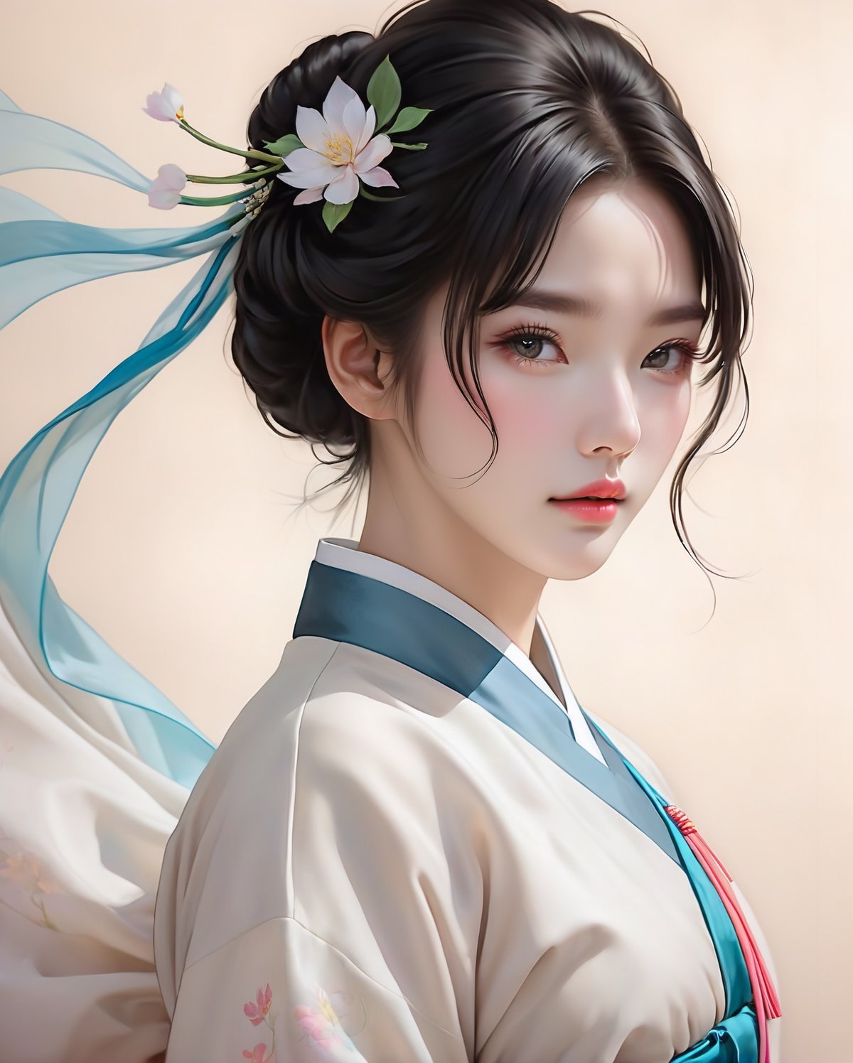 Pencil sketch of a stunning beautiful Korean girl, 20yo, black updo hair, wearing a hanbok, portrait by Charles Miano, pastel drawing, illustrative art, soft lighting, detailed, more Flowing rhythm, elegant, low contrast, add soft blur with thin line,Asian girl,Hanbok