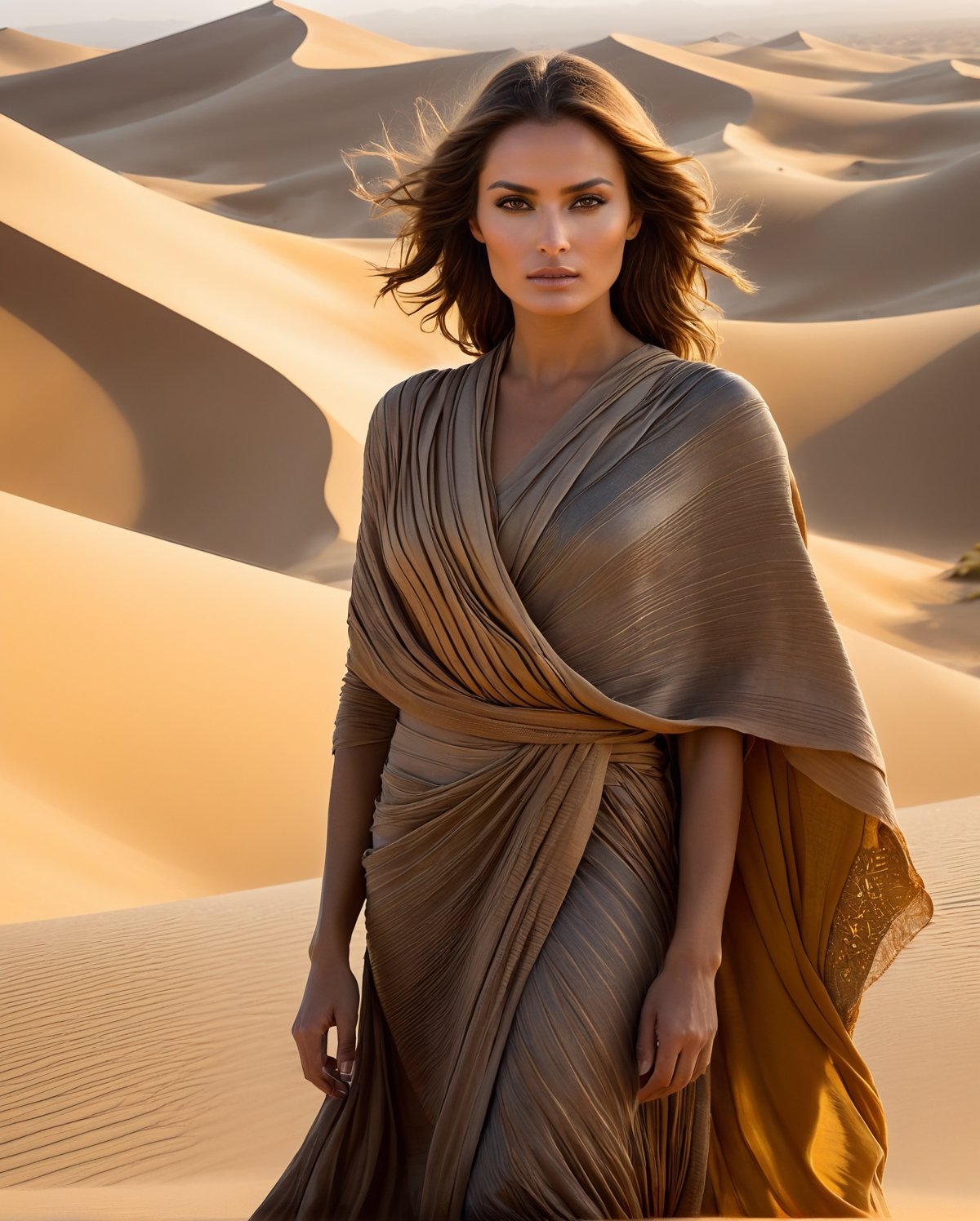 In the arid expanse of Dune, a desert planet with endless sands and towering sand dunes, a captivating female portrait captures the essence of this barren yet mystical world. The resilient woman, draped in flowing desert robes adorned with intricate patterns, stands against the backdrop of vast, undulating dunes. The harsh sunlight casts shadows, emphasizing the fierce determination in her eyes, reflecting the resilience required to navigate the unforgiving terrain of Arrakis. Subtle traces of spice melange, the coveted resource that dominates Dune's economy, are manifested through golden hues in the composition. The windswept sands and mysterious desert landscape serve as a powerful backdrop, echoing the intrigue and challenges of Frank Herbert's iconic science fiction masterpiece.