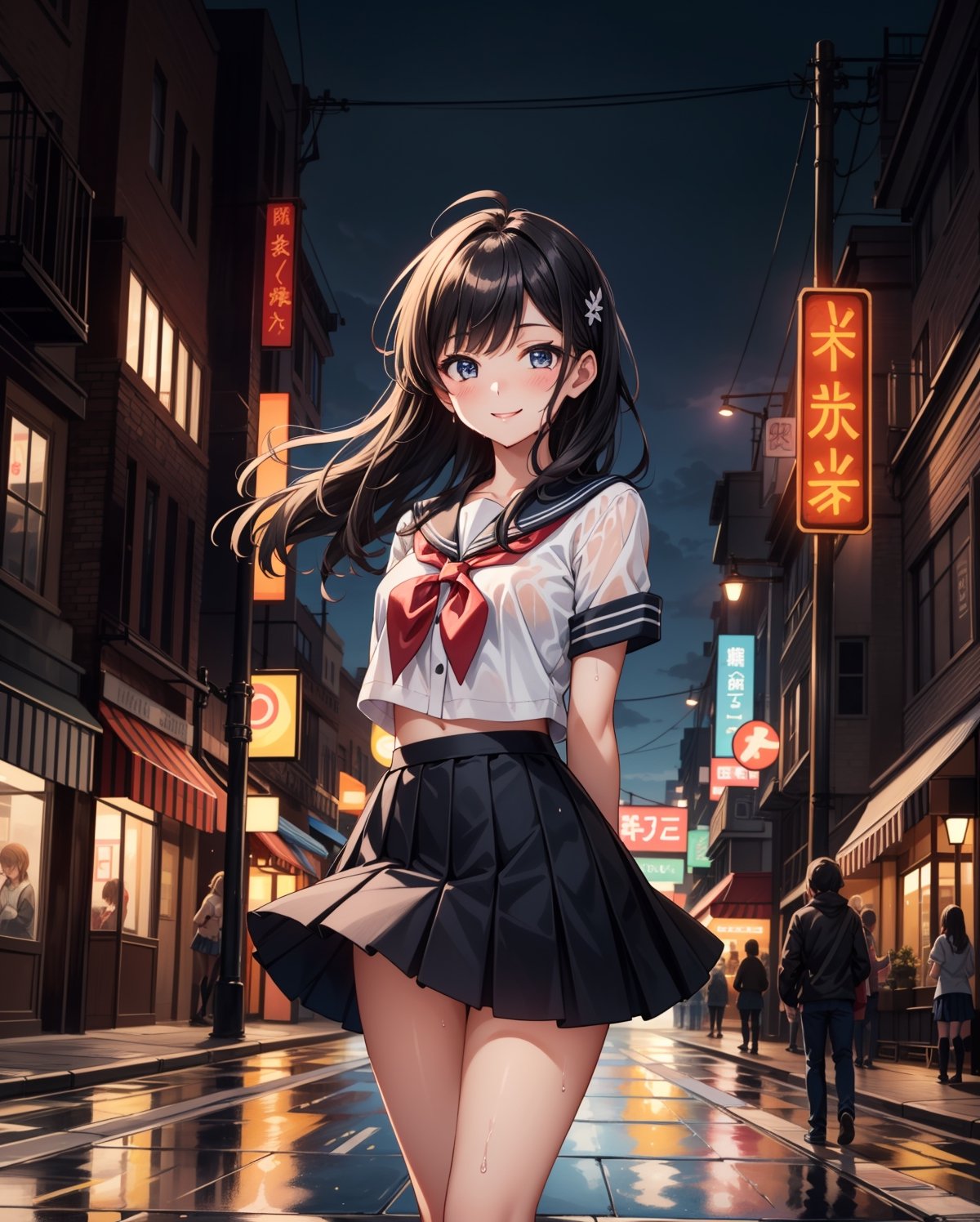 Create a stunning digital anime illustration featuring a beautiful high school girl in a vibrant nightlife setting, capturing her with a joyful smile. Imagine her standing amidst the bustling city lights and nightlife, with colorful neon signs illuminating the background. The scene should exude a sense of energy and excitement, with the girl's expression reflecting happiness and positivity. Include details like the glow of the city lights, reflections on wet pavement, and a dynamic composition that draws the viewer into the lively atmosphere of the nighttime cityscape.
BREAK, 
1girl, solo, high school student, 18yo, wearing a sailor unifomr, school uniform, sailo unit, pleated skirt, black long straight hair, cute face, big eye, arms behind back, bright smile, 