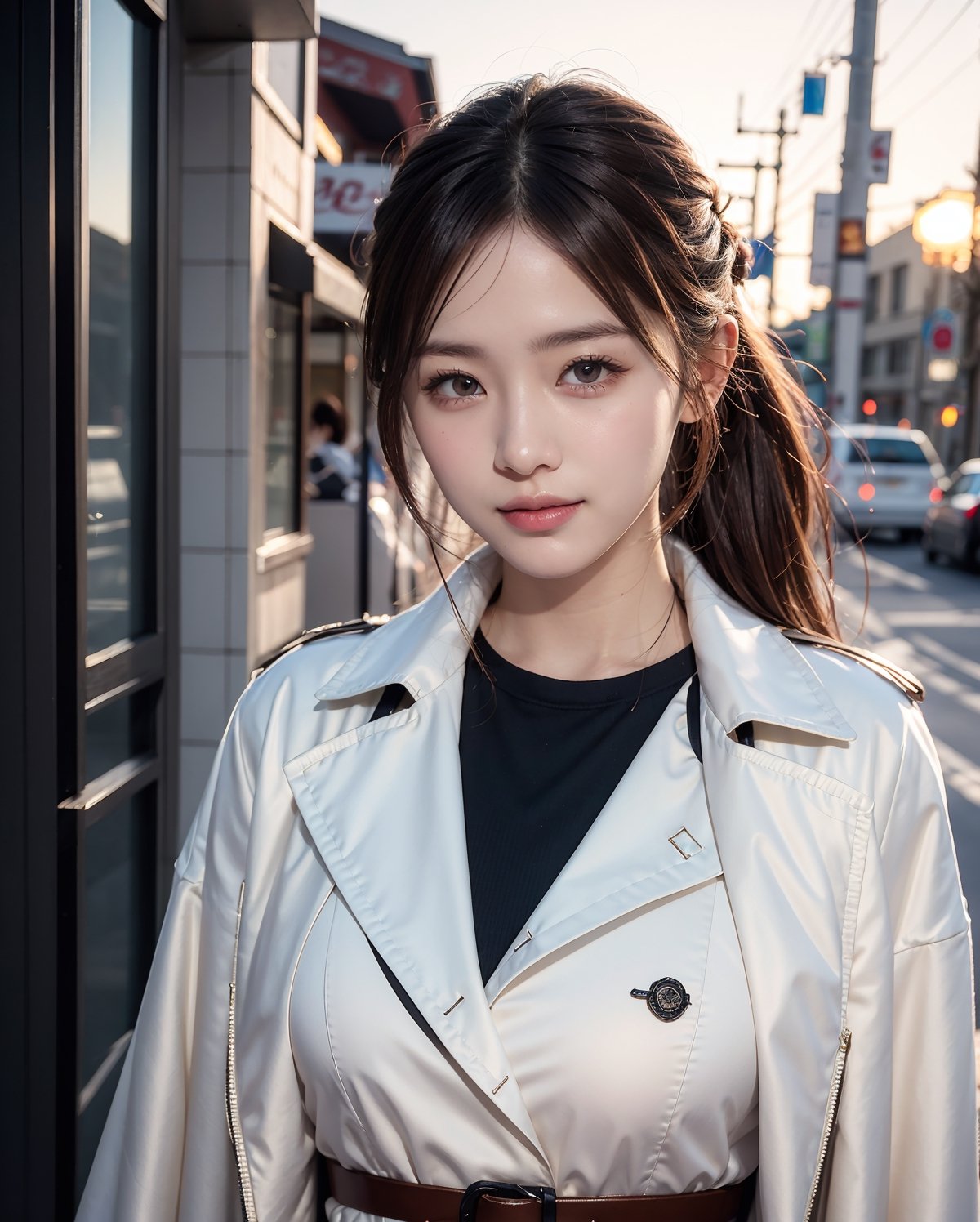 (blue hour urban), dusk, sunset, night, A sheer salon style long windblown hair, light brown hair, masterpiece, best quality, ultra high res, ultra detailed, sharp focus, 1girl, solo, A lucky shot of a stunning pretty and beautiful Japanese sexy model, 20yo, looking at viewer:1.3, (bright smile:1.1),(fantasy:1.3), wearing a (burberry long coat with fishnet bodysuit, belted brown mini skirt with updo, wide hips and large breasts in vivid colors, ), break, realistic, slender, (standing:1.1), (looking at the viewer:1.3), sexy gaze, blush, 1girl, (upper body shot:1.6),1 girl, ((centered image)), ,photo of perfecteyes eyes