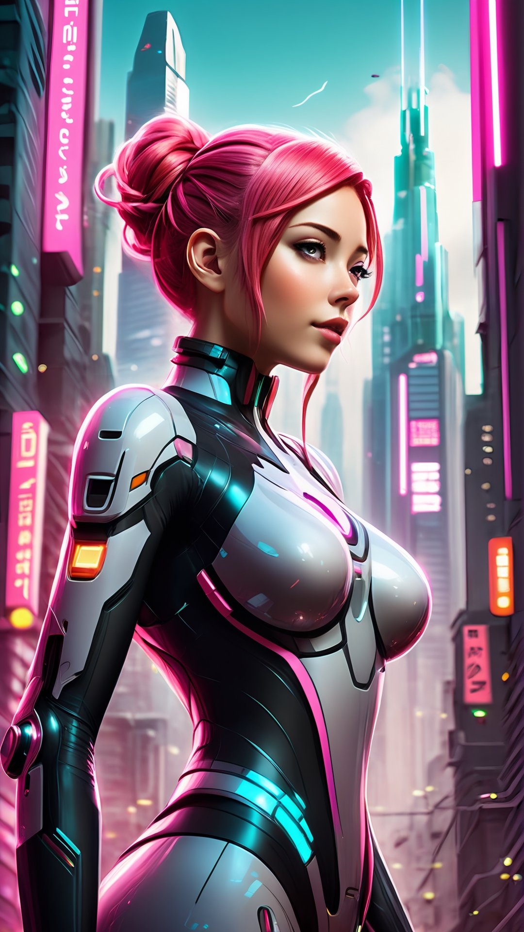 Create an illustration prompt for a female anime character in digital pop art style, described in 100 words or more:

Imagine a futuristic cityscape where technology seamlessly integrates with nature. In the foreground, a young woman with vibrant pink hair and cybernetic enhancements exudes confidence and grace. She wears a sleek, high-tech bodysuit adorned with glowing neon accents, embodying the fusion of organic and synthetic elements. Behind her, towering skyscrapers with holographic displays illuminate the skyline, while bioluminescent plants and cascading waterfalls add a touch of natural beauty. The scene captures the harmony between human innovation and the environment, blending futuristic aesthetics with the timeless allure of nature in a captivating digital pop art style.