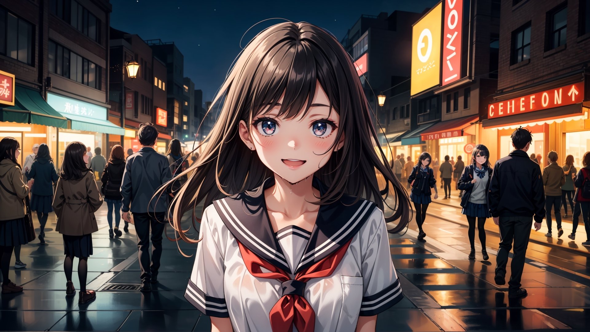 Create portrait of a stunning digital anime illustration featuring a beautiful high school girl in a vibrant nightlife setting, capturing her with a joyful smile. Imagine her standing amidst the bustling city lights and nightlife, with colorful neon signs illuminating the background. The scene should exude a sense of energy and excitement, with the girl's expression reflecting happiness and positivity. Include details like the glow of the city lights, reflections on wet pavement, and a dynamic composition that draws the viewer into the lively atmosphere of the nighttime cityscape.
BREAK, 
1girl, solo, high school student, 18yo, wearing a sailor unifomr, school uniform, sailo unit, pleated skirt, black long straight hair, cute face, big eye, arms behind back, bright smile, upper body, 