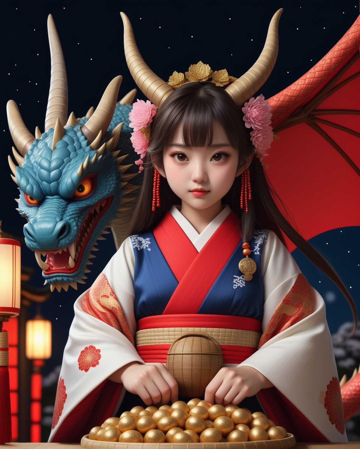 1girl, solo, ONIYOME, ONI horns, dragon, setsubun, wearing a Japanse kimono dress, beans, anime style illustration, realistic, high res, best quality, 8k, masterpiece, paper lantan, night, night sky, lantan, horns, dragon horns, beans, basket, realistic, photorealistic, ,more detail XL,<lora:659095807385103906:1.0>