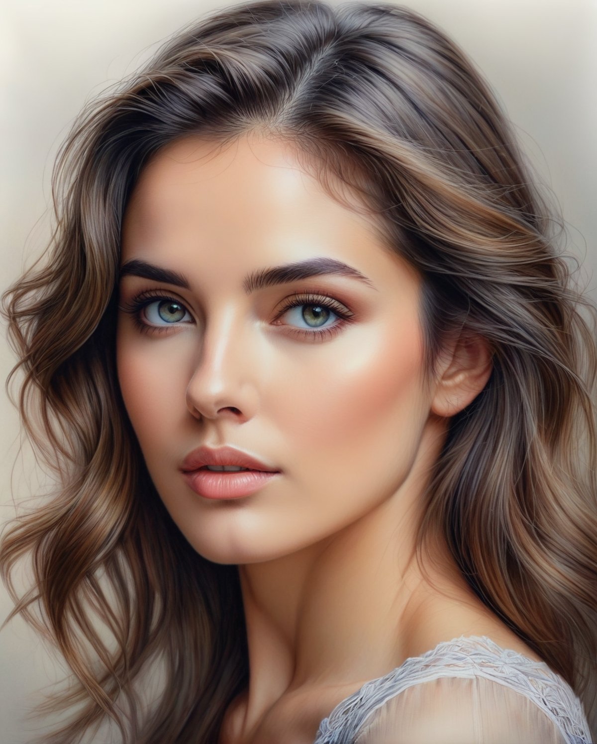 A beautifully rendered pastel color  pencil art portrait of a woman with a captivating gaze. The illustration showcases her delicate facial features, with soft shading and detailing that brings the image to life. The background is a subtle blend of gray tones, drawing focus to the woman's captivating expression and the intricate strands of her hair. The overall effect is a timeless, elegant piece that captures the essence of the subject's soul.,1girl,artint