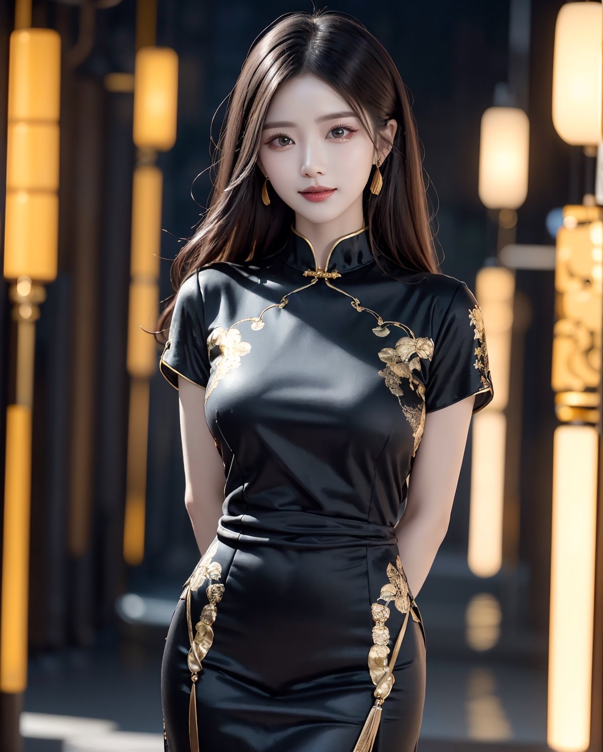 A sheer salon style long windblown hair, masterpiece, best quality, ultra high res, 1girl, solo, a stunning pretty and beautiful Korean hot model, 20yo, looking at viewer:1.3, (bright smile:1.0), night, chinese lantan festival, chinese lantan, wearing (((detailed wear:1.25), (black theme:1.5), (Black china dress with detailed gold design:1.2), (high class feeling:1.1))), cowboy shot portrait, attractive showing her breasts ,realistic, busty, (round breasts:1.2),(large breasts:1.3),(sagging breasts:1.3),(narrow waist:1.3), standing with arms behind back:1.3, watch, ,1girl