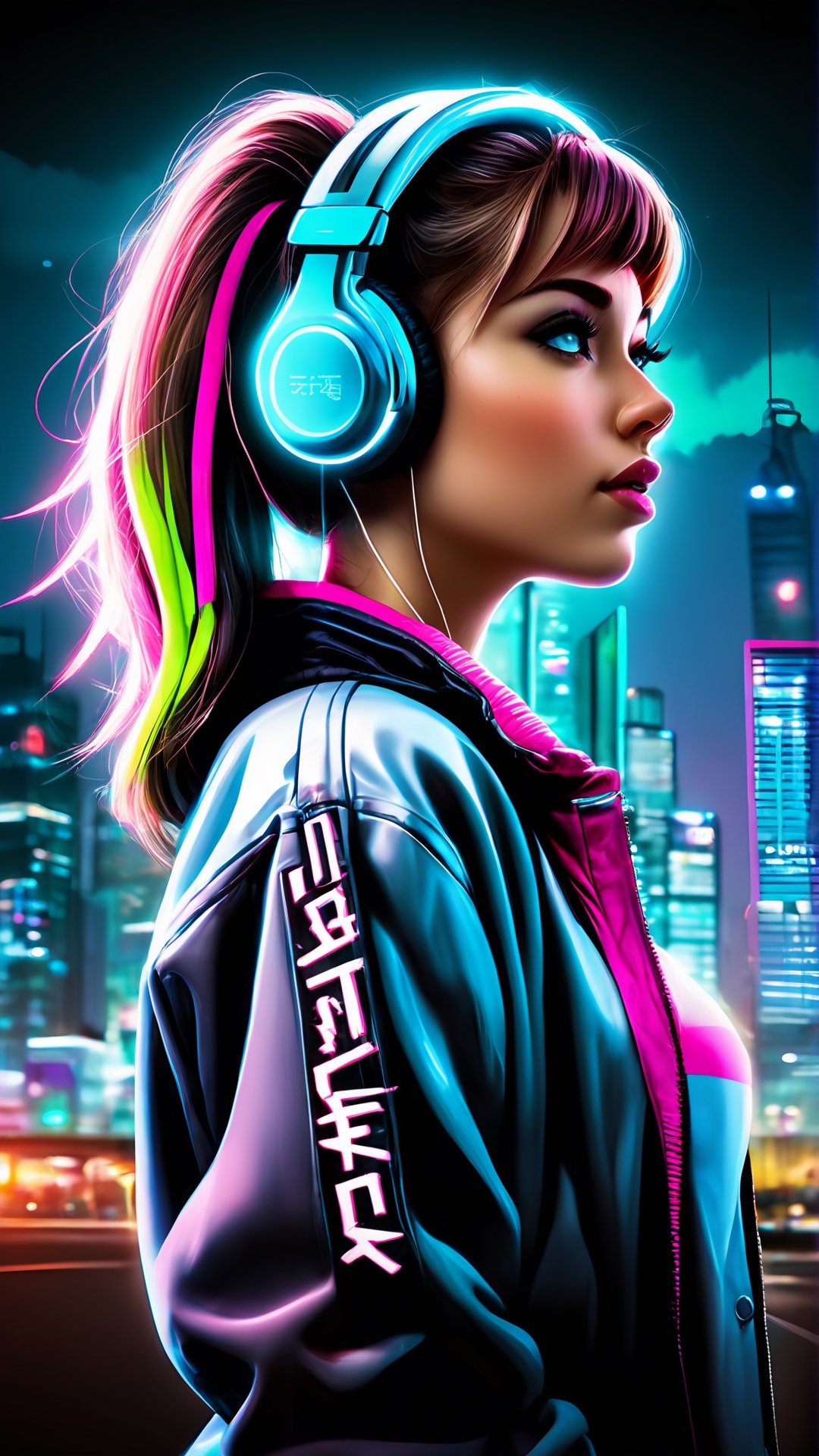 Generate a digital pop art illustration prompt featuring a female anime character. Imagine a vibrant cityscape at night, with skyscrapers adorned in colorful neon lights. In the foreground, a young woman with a modern yet retro style stands confidently. She wears a stylish jacket adorned with graffiti art and accessorized with oversized headphones. Her hair is a striking shade of neon pink, reflecting the city lights. Behind her, a bustling street scene unfolds, filled with diverse characters and futuristic vehicles. The atmosphere is electric and full of energy, capturing the essence of urban life and modern pop culture.