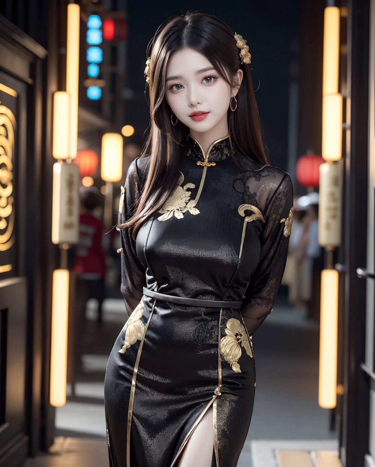 A sheer salon style long windblown hair, masterpiece, best quality, ultra high res, 1girl, solo, a stunning pretty and beautiful Korean hot model, 20yo, looking at viewer:1.3, (bright smile:1.0), night, chinese lantan festival, chinese lantan, wearing (((detailed wear:1.25), (black theme:1.5), (Black china dress with detailed gold design:1.2), (high class feeling:1.1))),full body shot portrait, attractive showing her breasts ,realistic, busty, (round breasts:1.2),(large breasts:1.3),(sagging breasts:1.3),(narrow waist:1.3), standing with arms behind back:1.3, watch, ,1girl