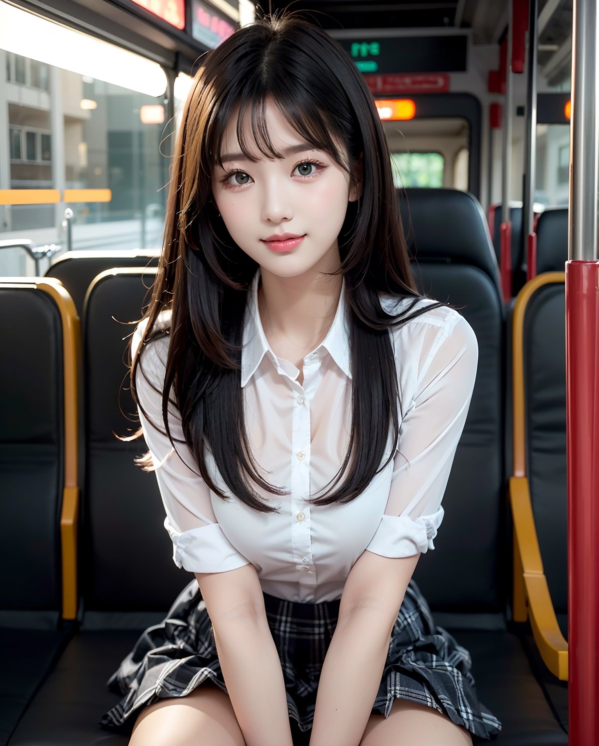 (upper body shot portrait:1.3), (extra long straight hair with parted bangs:1.3), (beautiful chiny black thin hair:1.3), ((centered image)), a stunning beautiful and busty woman, 20yo, 
BREAK, 
((Night bus:1.5)), (in the bus:1.5), (looking at the viewer:1.3), (sitting on the seat:1.4),(pose with hands between legs:1.3),(from above:1.0),(upturned eyes:1.3), 
BREAK,
 masterpiece, best quality, highres, baeautiful aesthetic, 1girl, Korean hot model, looking at viewer:1.3, (bright smile:1.2), wearing ((school uniform)),(blazer, collared shirt, plaid pattern printed pleated skirt), (green thme:1.3), realistic, busty,(narrow waist:1.3), (thin legs:1.3), professional gravure photo, parted lips, glossy juicy lips, pink lips, , Realism, photo of perfecteyes eyes,komi_sch