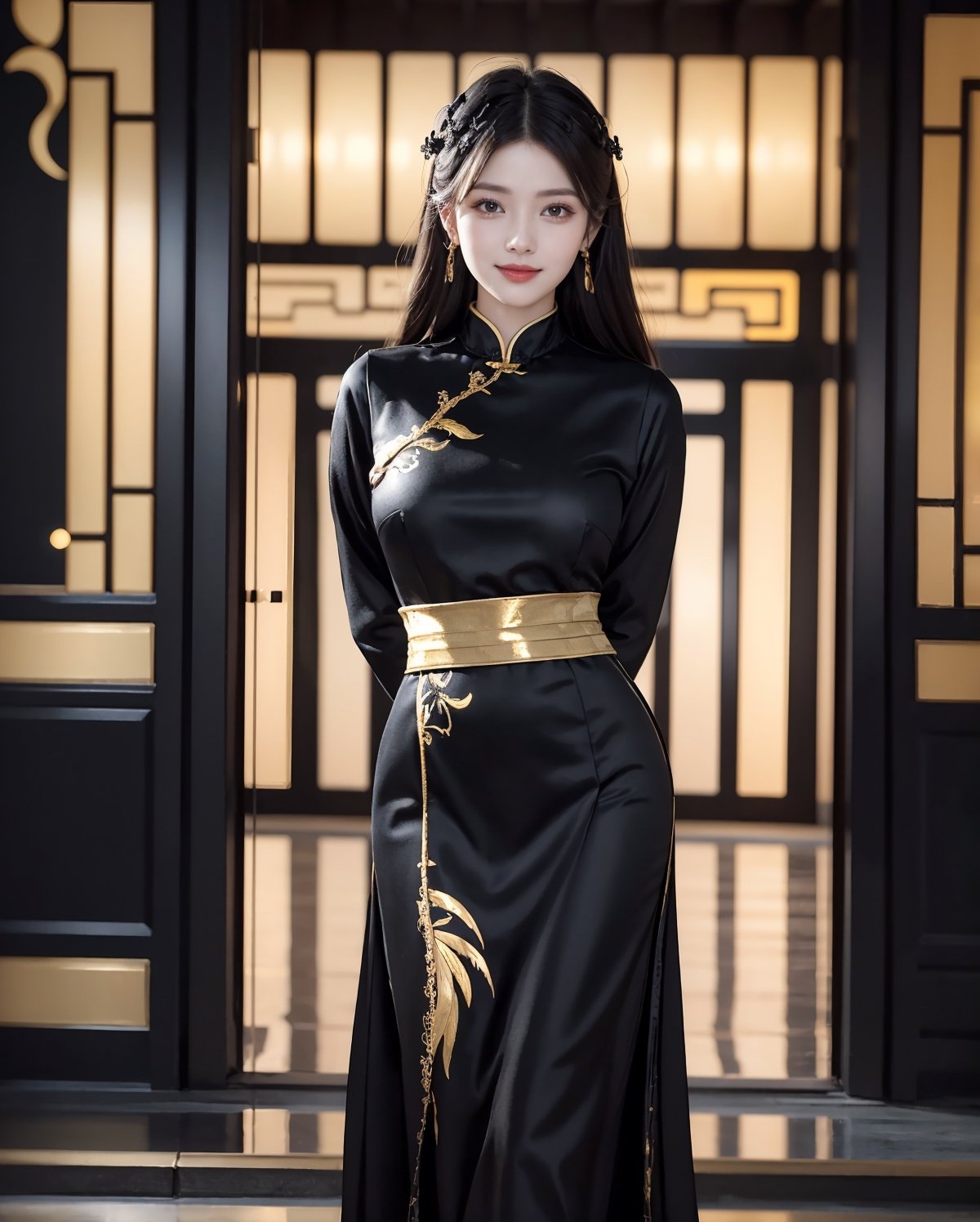 A sheer salon style long windblown hair, masterpiece, best quality, ultra high res, 1girl, solo, a stunning pretty and beautiful Korean hot model, 20yo, looking at viewer:1.3, (bright smile:1.0), night, chinese lantan festival, chinese lantan, wearing (((detailed wear:1.25), (black theme:1.5), (Black china dress with detailed gold design:1.2), (high class feeling:1.1))),full body shot portrait, attractive showing her breasts ,realistic, busty, (round breasts:1.2),(large breasts:1.3),(sagging breasts:1.3),(narrow waist:1.3), standing with arms behind back:1.3, watch, ,1girl