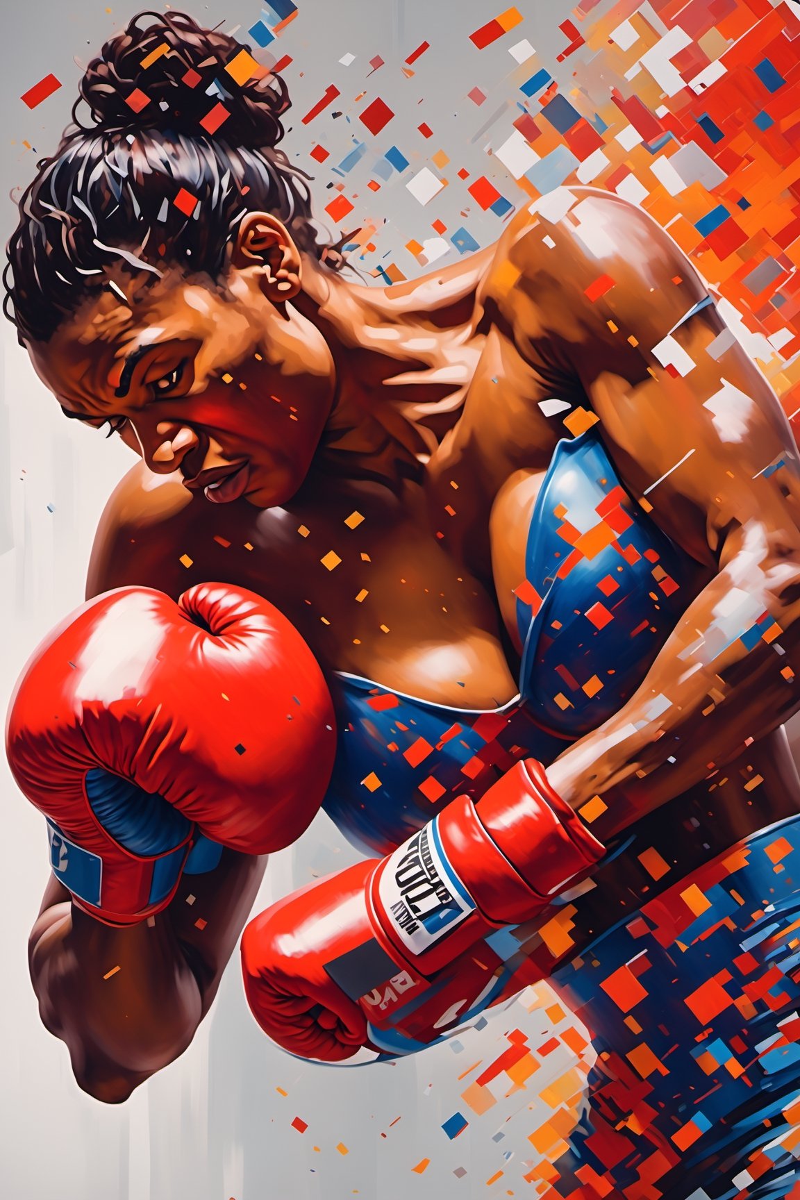  (hyperrealistic stylish digital oilpainting illustration:1.5), (boxing theme:1.5), (fight of the century:1.5), (big match:1.5), (all or nothing:1.5), (Model character inspiration from Mike Tyson:1.5), (super heavyweight title match: 1.5), (boxing ring:1.5), (1male boxing fighter:1.5), solo, musclar boxing fighter, hyper mascular body, dynamic, sweat, glossy skin, dynamic fighting pose, fighting stance, punching scene, straight punch, cowboy shot, photorealistic, ultrarealistic, oil painting, dropped painting, ultradetailed, hyper sharp, best qulity , masterpiece,oil paint,ink 