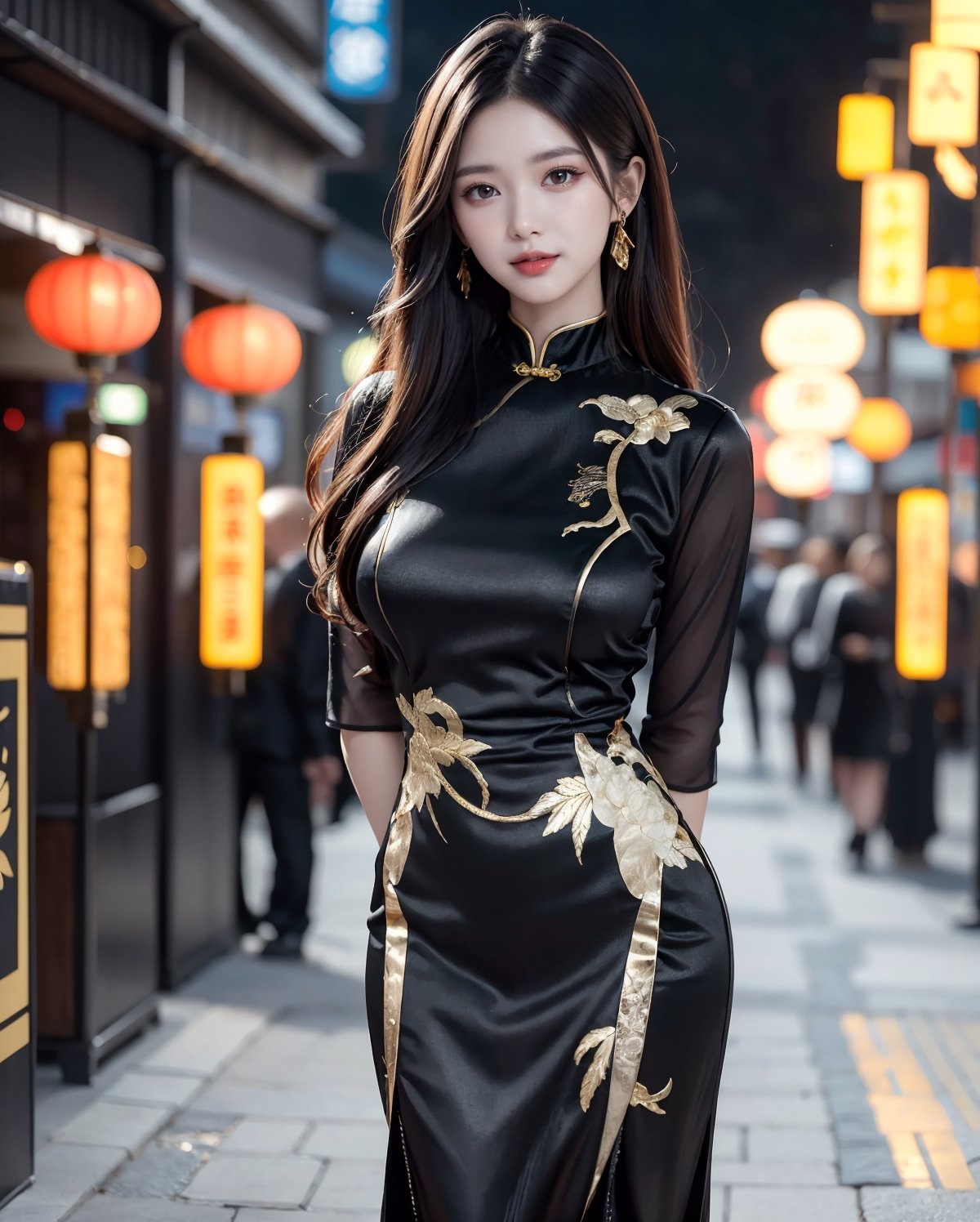 A sheer salon style long windblown hair, masterpiece, best quality, ultra high res, 1girl, solo, a stunning pretty and beautiful Korean hot model, 20yo, looking at viewer:1.3, (bright smile:1.0), night, chinese lantan festival, chinese lantan, wearing (((detailed wear:1.25), (black theme:1.5), (Black china dress with detailed gold design:1.2), (high class feeling:1.1))),full body shot portrait, attractive showing her breasts ,realistic, busty, (round breasts:1.2),(large breasts:1.3),(sagging breasts:1.3),(narrow waist:1.3), standing with arms behind back:1.3, watch, ,1girl