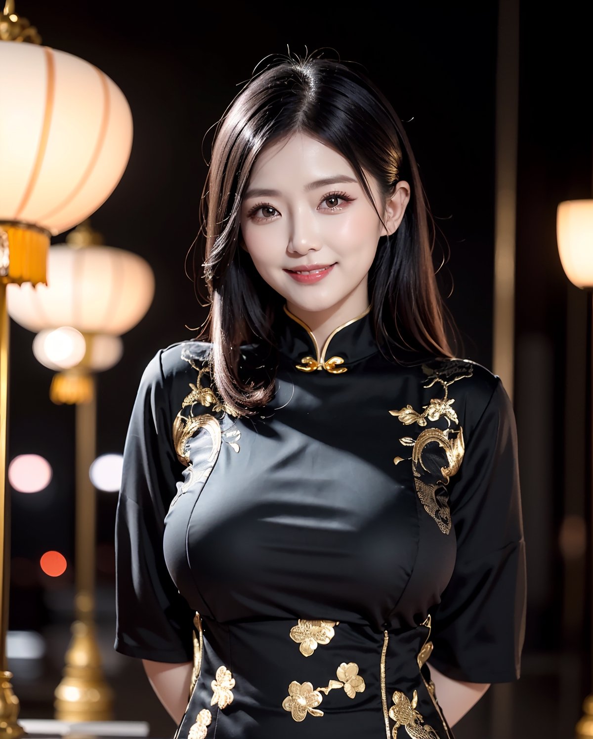 portrait of a busty beautiful Japanese milf, 38yo, wearing a (((detailed wear:1.25), (black theme:1.5), (Black china dress with detailed gold design:1.2), (high class feeling:1.1))), perfect face,perfect eyes,HD details,high details,sharp focus,studio photo,HD makeup,shimmery makeup,celebrity makeup, watch, ((centered image)) (HD render)Studio portrait,magic, magical, fantasy,(huge breast)(large breast),(milf breasts:1.2), (narrow waist:1.1), happy_face, happy smile, bright smile, standing with arms behind back, night, Chinese lantan festival, chinese lantan, night,, very bright backlighting, Japanese mature woman,(in coming:1.3),(blush:1.3), seductive