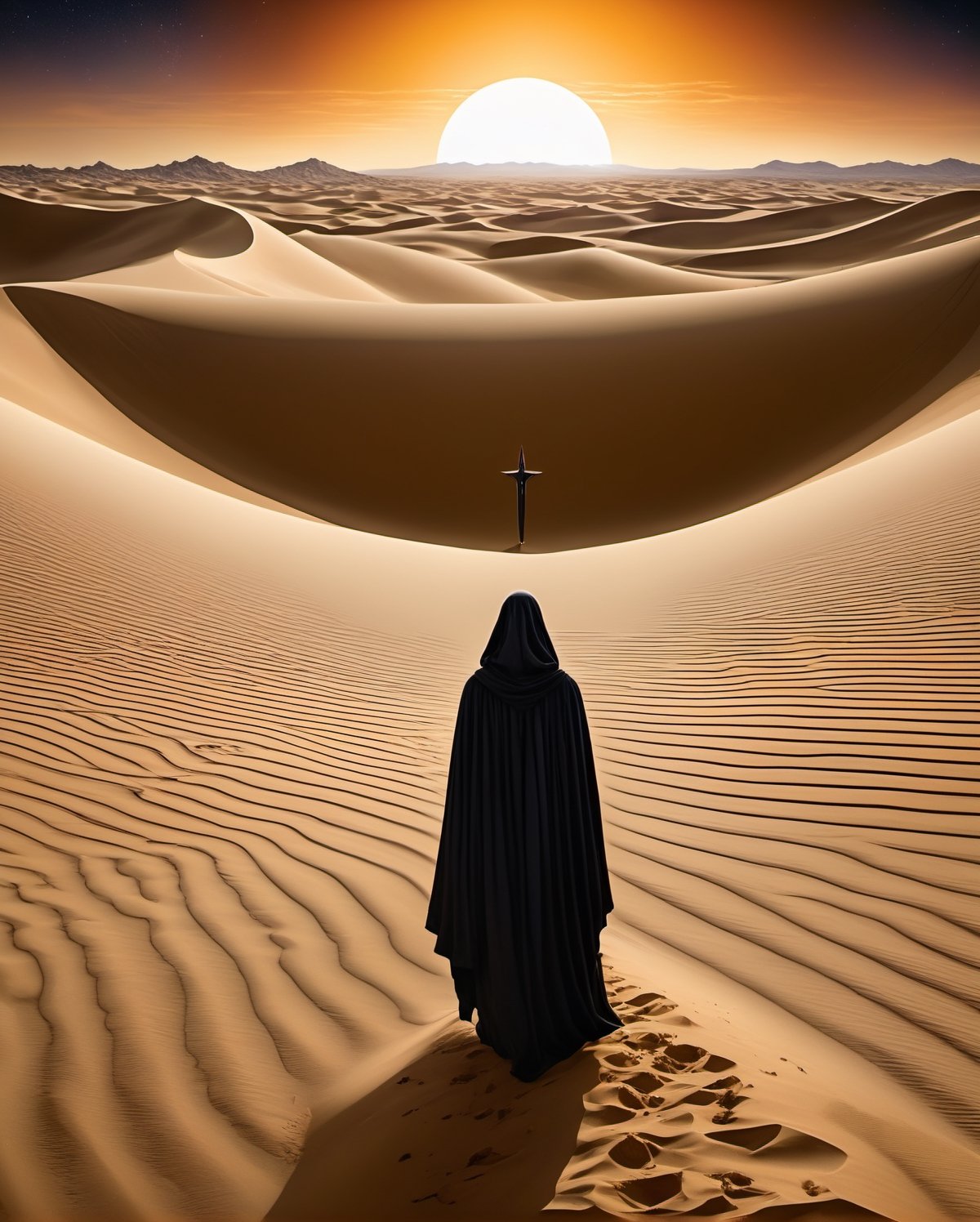 Imagine an evocative illustration inspired by the religious themes of "Dune." In this image, a cosmic tapestry unfolds, depicting followers of the mysterious Bene Gesserit sisterhood engaging in ritualistic practices. The backdrop showcases the colossal sand dunes of Arrakis, echoing the desert planet's spiritual significance. Cloaked figures engage in meditative stances, symbolizing the quest for prescient visions and enhanced awareness. At the center, a sacred spice melange radiates an otherworldly glow, embodying the transformative and mystical properties revered in the "Dune" universe. This artwork visually encapsulates the fusion of mysticism, interstellar politics, and the enigmatic allure of the desert world's religious undertones.