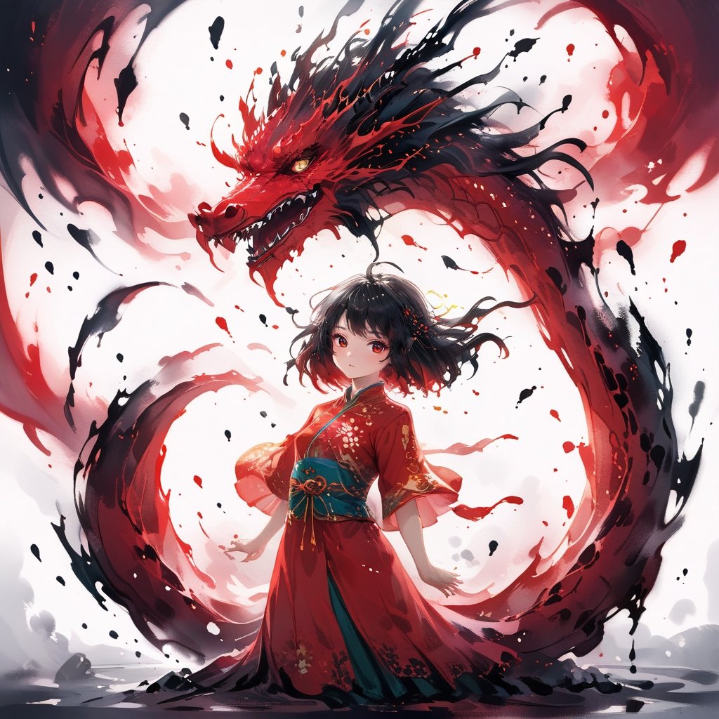 stylized inkpainting and digital anime painting, eastern dragon, ink painting, 1dragon girl, weaing a cheongsam dress, 8k, realistic, masterpiece, best quality,aesthetic,1dragon girl,dragon,,,<lora:659095807385103906:1.0>