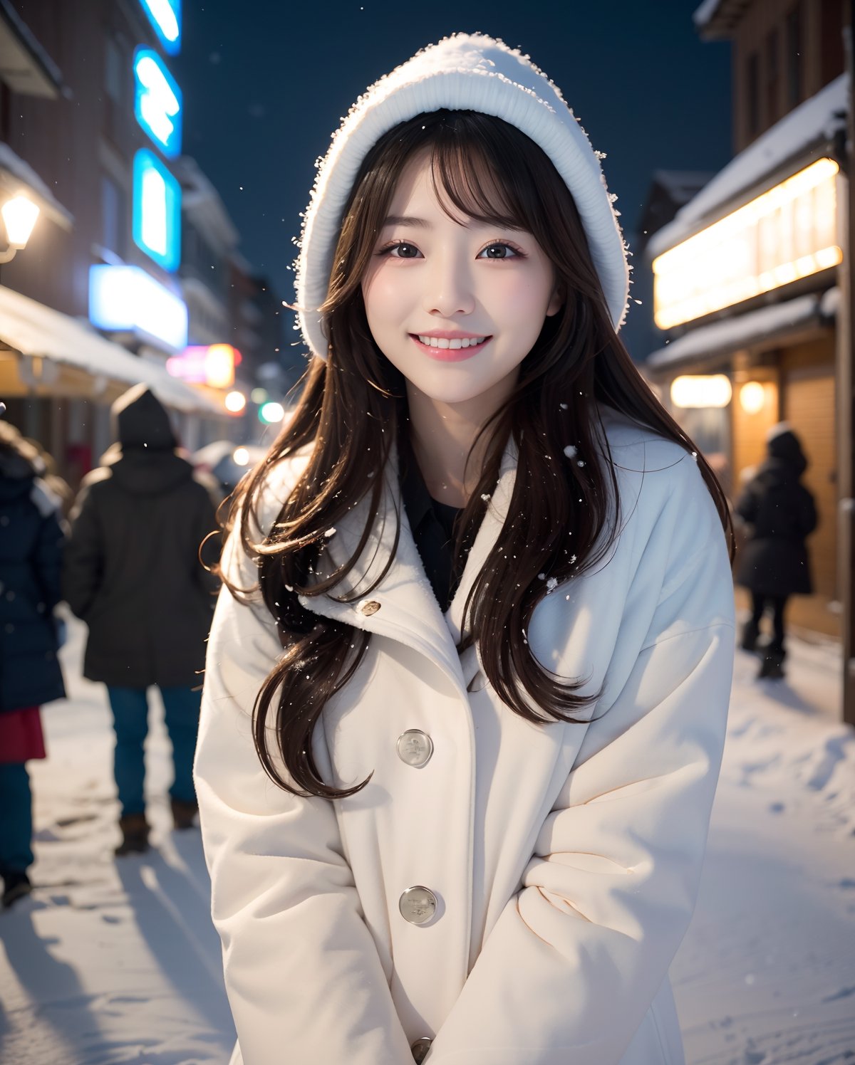 (4k, RAW photo, best quality, masterpiece:1.2),japanese,1girl,winter,snow fall,night light,face focus,smile,looking at viewer,tremendous snowfall
 