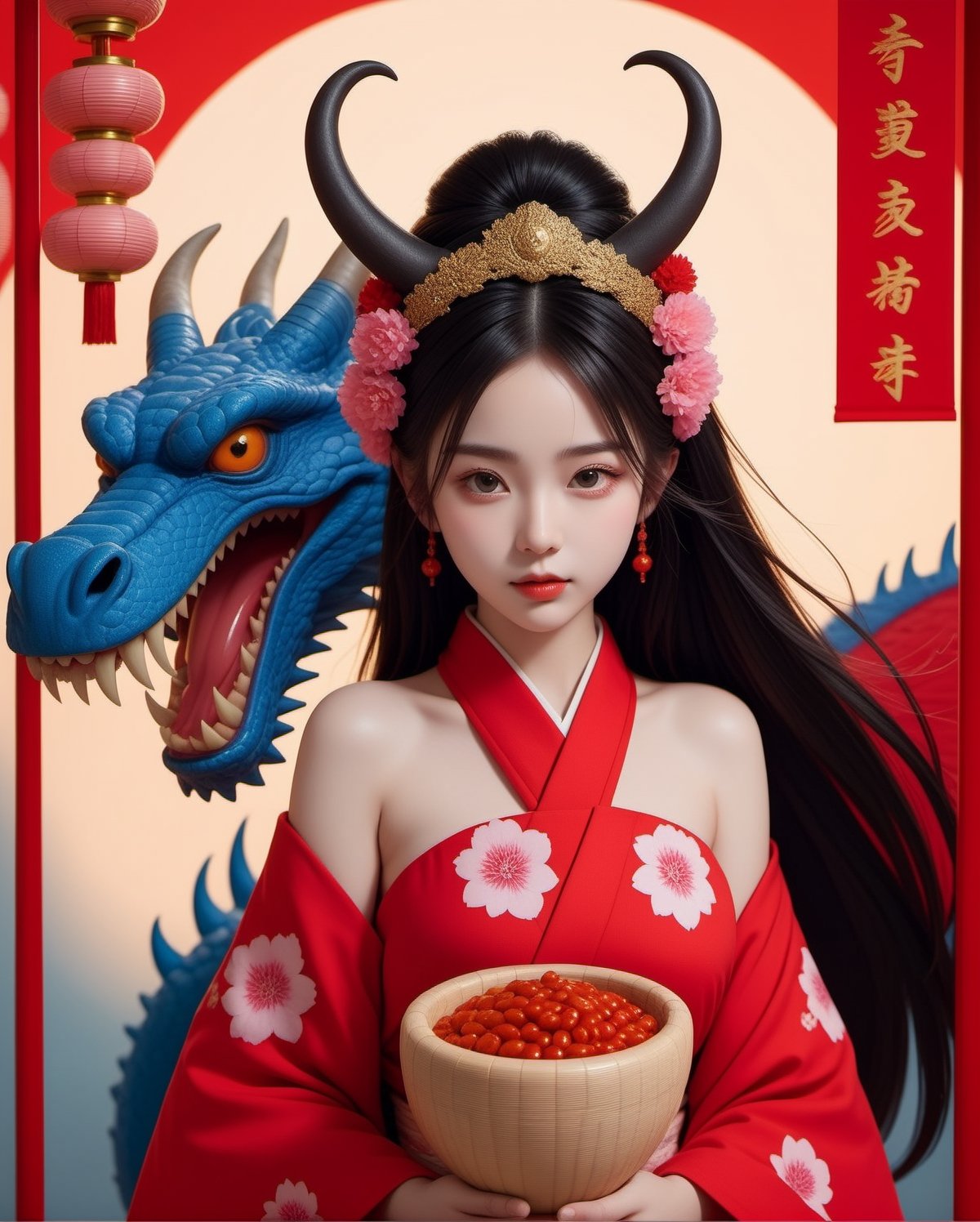 1girl, solo, ONIYOME, ONI horns, dragon, setsubun, wearing a Japanse kimono dress, beans, anime style illustration, realistic, high res, best quality, 8k, masterpiece, paper lantan, night, night sky, lantan, horns, dragon horns, beans, basket, realistic, photorealistic, ,more detail XL,Asian girl,xxmix_girl,photo r3al,<lora:659095807385103906:1.0>