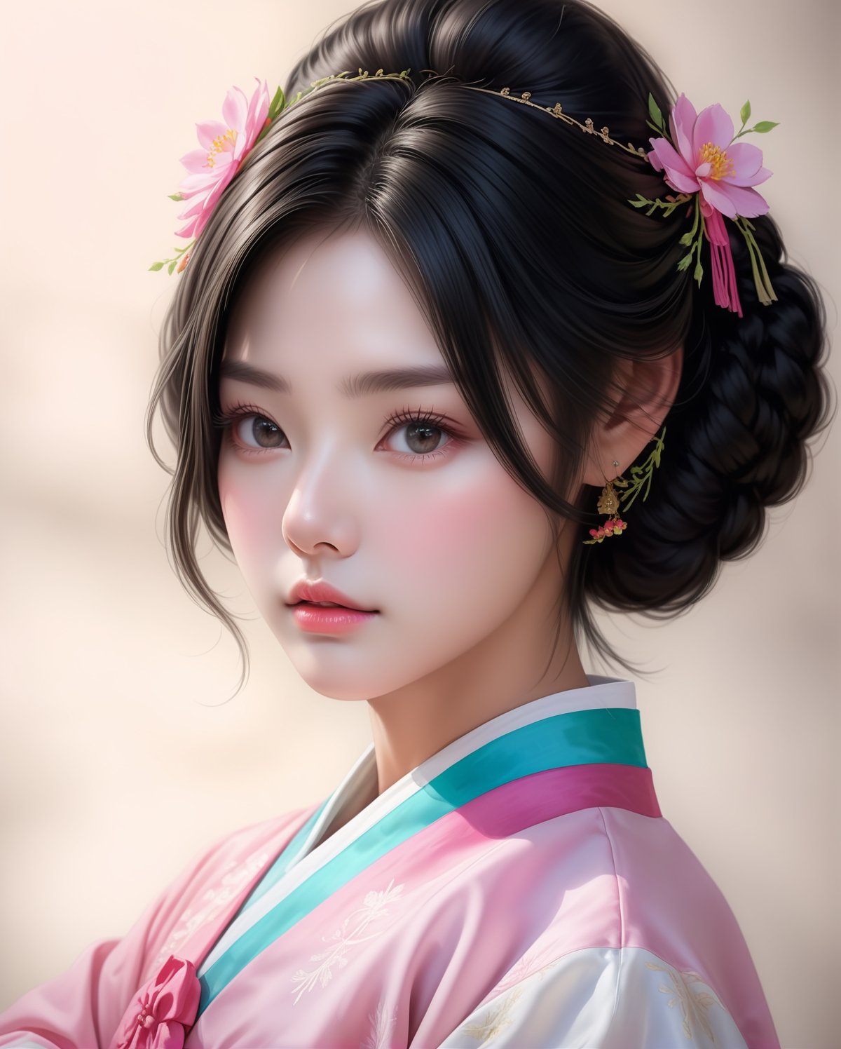 Pencil sketch of a stunning beautiful Korean girl, 20yo, black updo hair, wearing a hanbok, portrait by Charles Miano, pastel drawing, illustrative art, soft lighting, detailed, more Flowing rhythm, elegant, low contrast, add soft blur with thin line,Asian girl,Hanbok,<lora:659095807385103906:1.0>