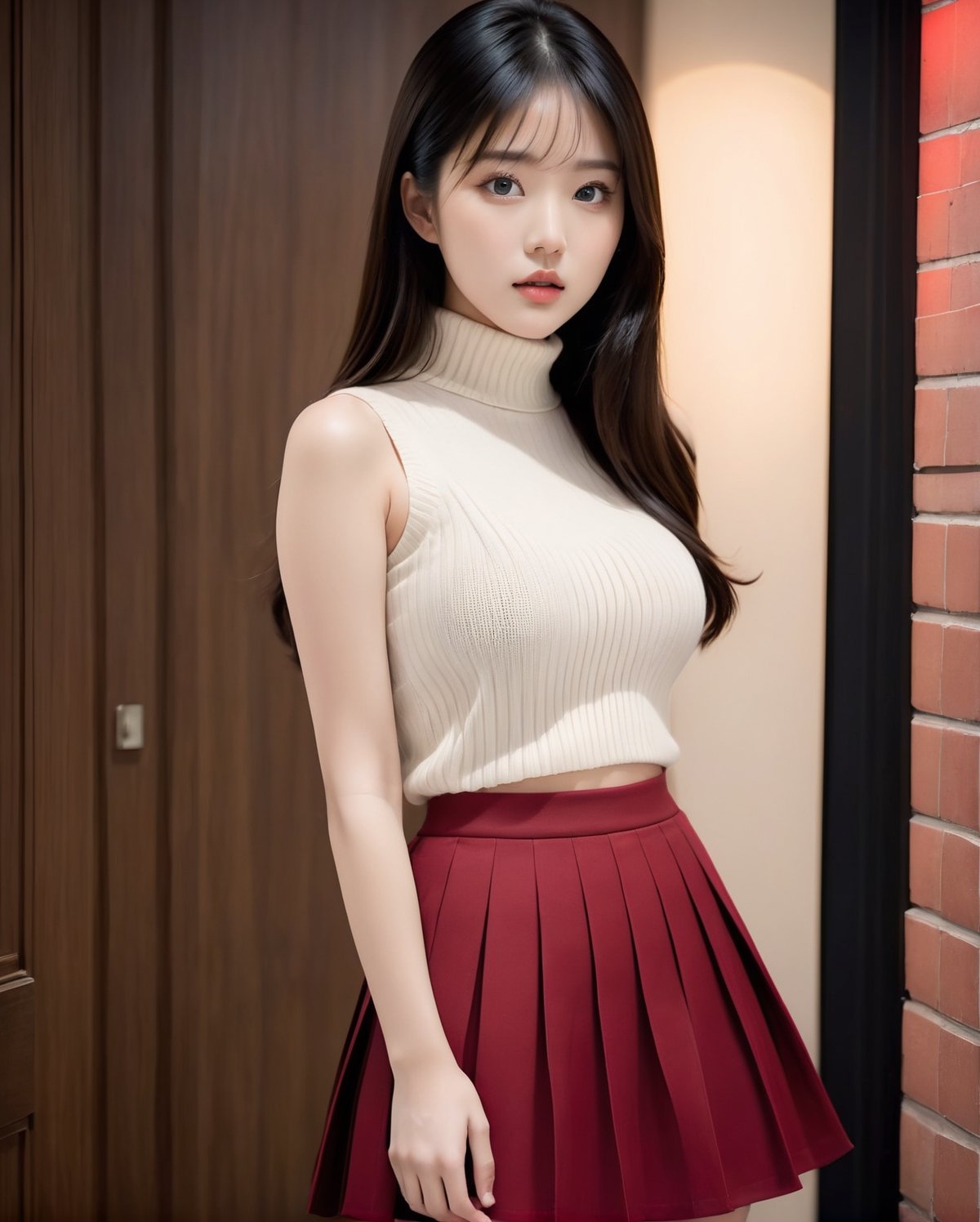 Asian girl, Korean hot model, 22yo, busty, black background, wearing winter casual clothes, red sleeveless turtleneck knit sweater and black pleated skirt, small round face, big eyes, tareme, black long straight hair, salon style hair, large breasts, body fit, ,Movie Poster