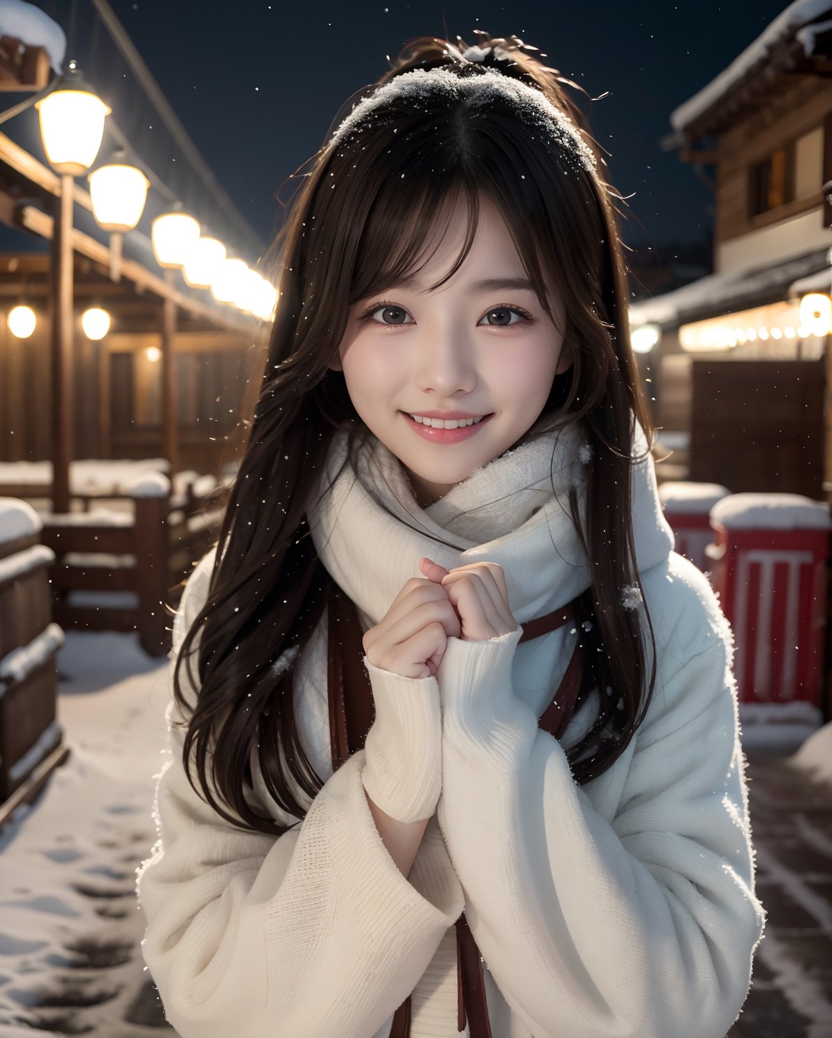 (4k, RAW photo, best quality, masterpiece:1.2),japanese,1girl,winter,snow fall,night light,face focus,smile,looking at viewer,tremendous snowfall
 