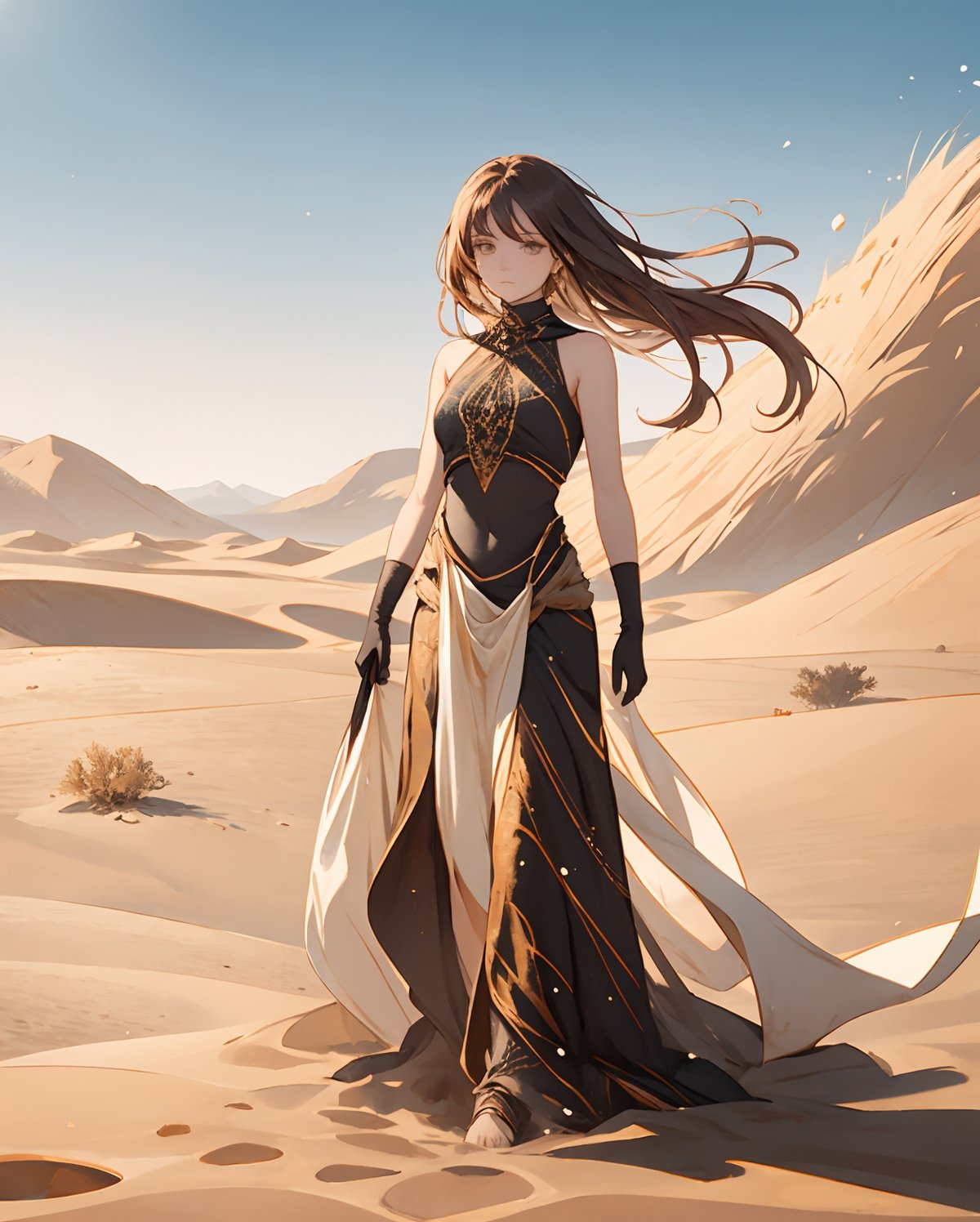 In the arid expanse of Dune, a desert planet with endless sands and towering sand dunes, a captivating female portrait captures the essence of this barren yet mystical world. The resilient woman, draped in flowing desert robes adorned with intricate patterns, stands against the backdrop of vast, undulating dunes. The harsh sunlight casts shadows, emphasizing the fierce determination in her eyes, reflecting the resilience required to navigate the unforgiving terrain of Arrakis. Subtle traces of spice melange, the coveted resource that dominates Dune's economy, are manifested through golden hues in the composition. The windswept sands and mysterious desert landscape serve as a powerful backdrop, echoing the intrigue and challenges of Frank Herbert's iconic science fiction masterpiece.