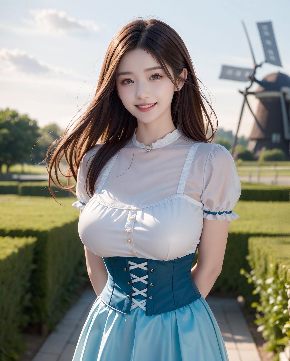 A sheer salon style long windblown hair, masterpiece, best quality, ultra high res, 1girl, solo, a stunning pretty and beautiful Korean hot model, 20yo, looking at viewer:1.3, (bright smile:1.2), Netherlans, windmill field scenery, blue sky, cloud, dusk, wearing ((Dirndl dress)),(corset), bust_up portrait, attractive showing her breasts ,realistic, busty, (round breasts:1.2),(large breasts:1.3),(sagging breasts:1.3),(narrow waist:1.3), standing with arms behind back:1.3, watch, ,1girl