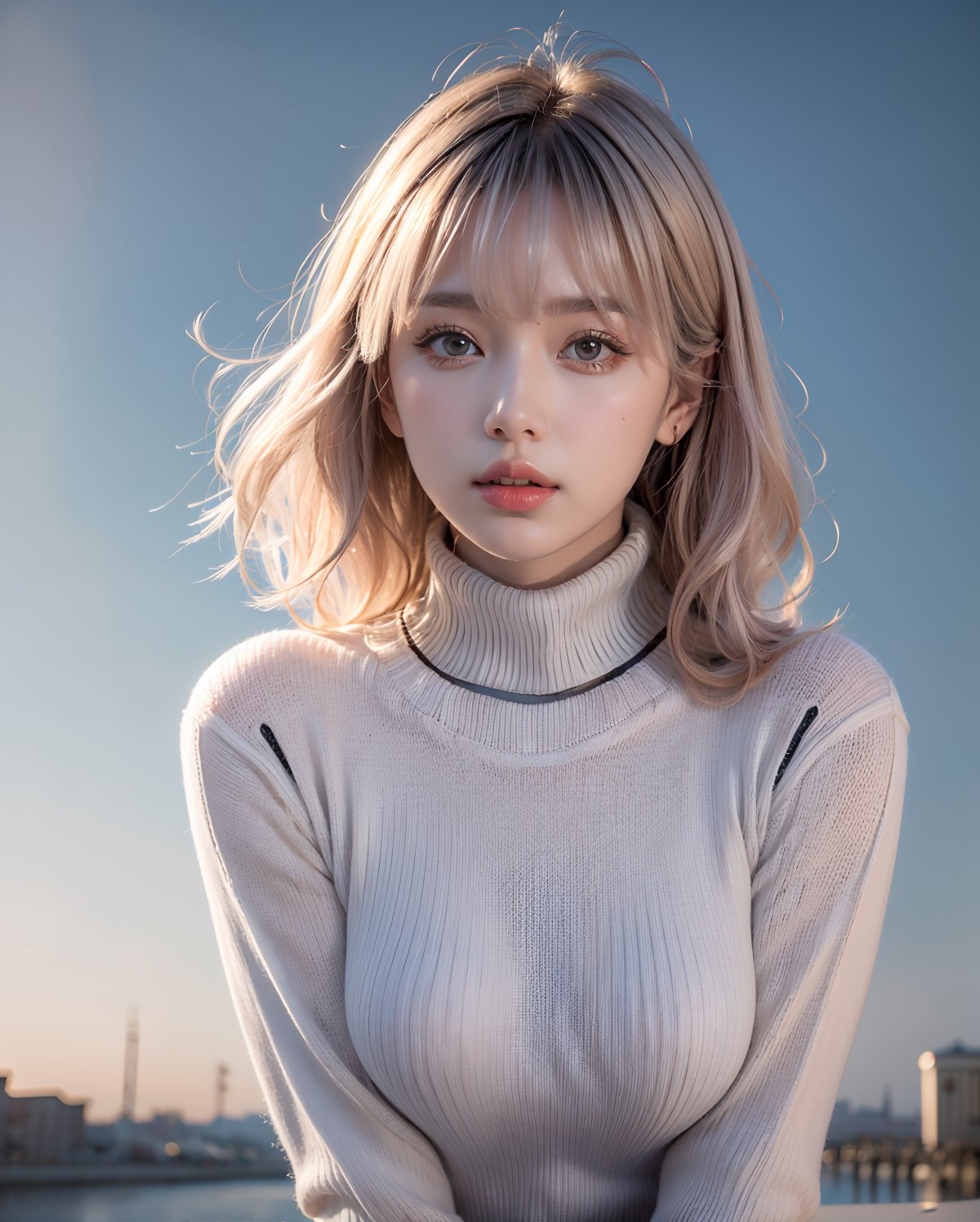 (upper body portrait:1.3), (wavy two side up hair with bangs:1.3), windblown hair, (light {orange|pink} two tone hair:1.3), (hime cut bangs:1.5), ((centered image)), a stunning beautiful busty woman, 20yo, medieval river side:1.3, steam, mist, smog, wind, fog, at early morning, flying sand and grass, (looking at the viewer:1.3), (view viewer), (facing the viewer), (standing with leaning forward:1.3),  
BREAK, 
masterpiece, best quality, highres, 1girl, Korean German, hot model, looking at viewer:1.3, (smile:0.6), wearing ((grey body fit turtleneck knitted sweater dress:1.3)), (no bra:1.4),(nipples shapes visible through clothes:1.4),(grey theme:1.3), upper body shot, realistic, busty, (large breasts:1.37), (upturned breasts:1.37),(round breasts:1.37) ,parted lips, glossy juicy lips, pink lips, ,Realism,photo of perfecteyes eyes