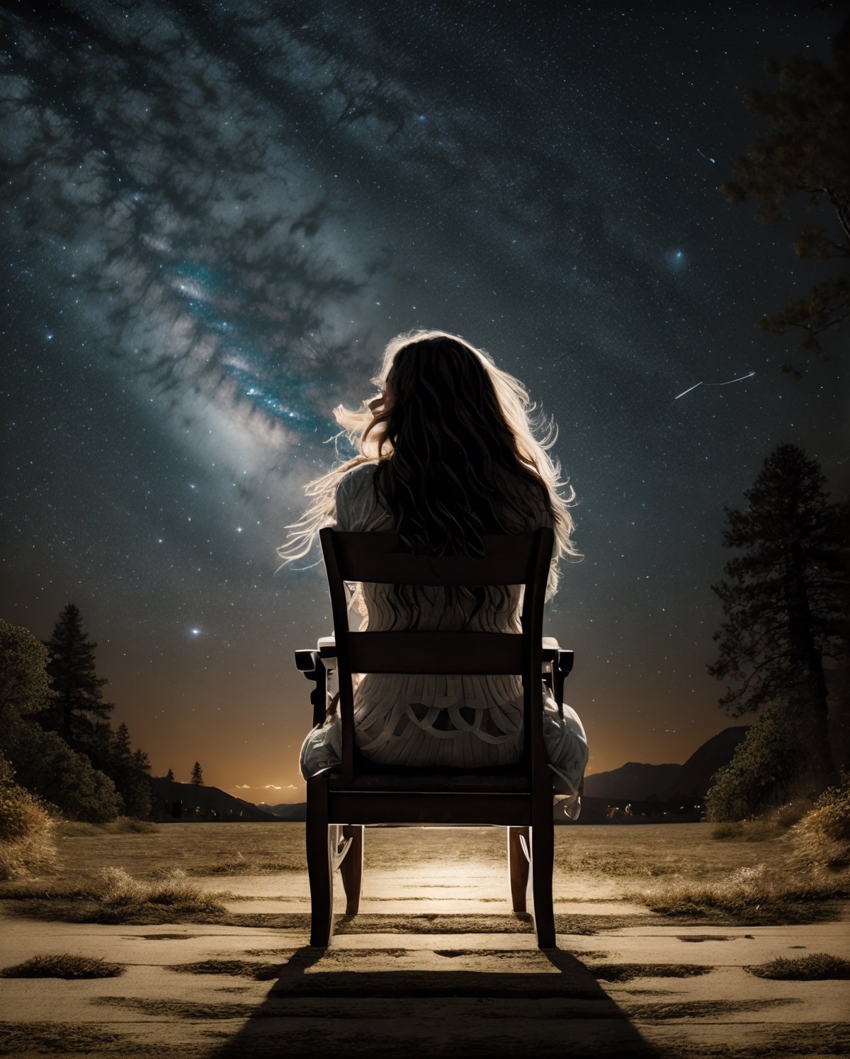 A female singer in her twenties sits gracefully in a chair, legs crossed, under the stars shining in the night sky. Her hair sways in the wind, and the glow of the starry sky beautifully illuminates her flowing locks. The singer modestly holds her guitar and plays a song with an impassioned expression. In the starry sky, a flowing Milky Way stretches out, creating a dreamy atmosphere. The lights and notes drifting around her symbolize the magic of music. The back of the chair is carved with a constellation pattern, creating a sense of unity between sky and earth. It is a passionate scene, as if her voice is spreading out into the universe and the stars are resonating with her melodies.