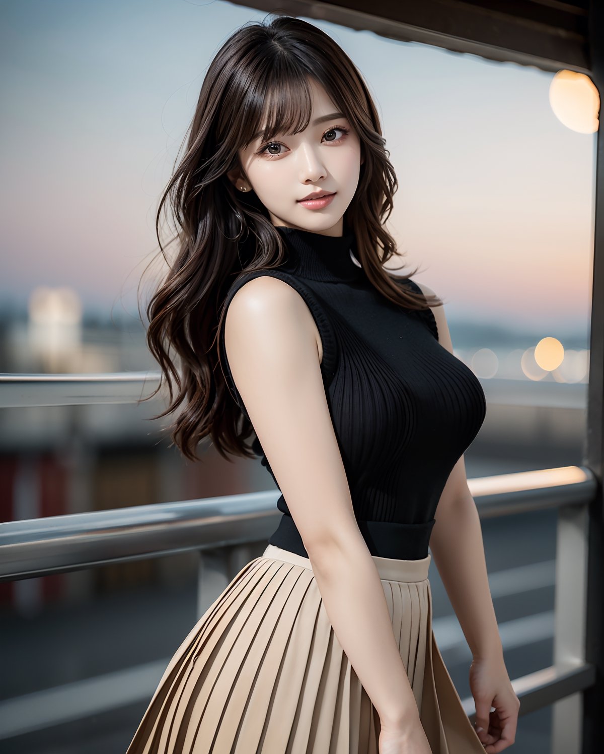 (1stunning busty girl:1.3, solo), urban, dusk, (Masterpiece, best quality, photorealistic, highres, photography:1.3), ultra-detailed, sharp focus, professional photo, commercial photo, (cowboy shot image:1.3),  (standing with arms behind back), (looking viewer:1.3),(view viewer:1.3),(facing viewer:1.3), 
BREAK, 
1gril, solo, Japanese_beauty, 22yo, hot model, highly detailed eyes and pupils, realistic skin, attractive body, (gramaras:1.3), (large breast:1.38, upturned breasts:1.38, round breasts:1.38), (thin waist:1.3, hourglass body:1.38), (brown a Sheer Sarong:1.3, light brown long hair:1.3, blowing hair, bangs:1.3, hair between eyes:1.3, extremely detailed hair), delicate sexy face, sensual gaze, shiny glossy lips, beautiful skin, straight teeth, 
BREAK, 
wearing a ((sleeveless knit wear and pleated skirt:1.3)), (black theme:1.3),  
BREAK, 
((realistic, super realistic, realism, realistic detail)), perfect anatomy, perfect proportion, (bokeh, depth of field:1.2), hyper sharp image,  (4fingers and thumb, perfect human hands), (professional studio soft light), wind, blowing hair, 