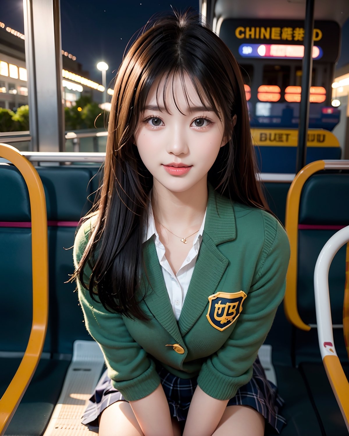 (upper body shot portrait:1.3), (extra long straight hair with parted bangs:1.3), (beautiful chiny black thin hair:1.3), ((centered image)), a stunning beautiful and busty woman, 20yo, 
BREAK, 
((Night bus:1.5)), (in the bus:1.5), (looking at the viewer:1.3), (sitting on the seat:1.4),(pose with hands between legs:1.3),(from above:1.0),(upturned eyes:1.3), 
BREAK,
 masterpiece, best quality, highres, baeautiful aesthetic, 1girl, Korean hot model, looking at viewer:1.3, (bright smile:1.2), wearing ((school uniform)),(blazer, collared shirt, plaid pattern printed pleated skirt), (green thme:1.3), realistic, busty,(narrow waist:1.3), (thin legs:1.3), professional gravure photo, parted lips, glossy juicy lips, pink lips, , Realism, photo of perfecteyes eyes,komi_sch