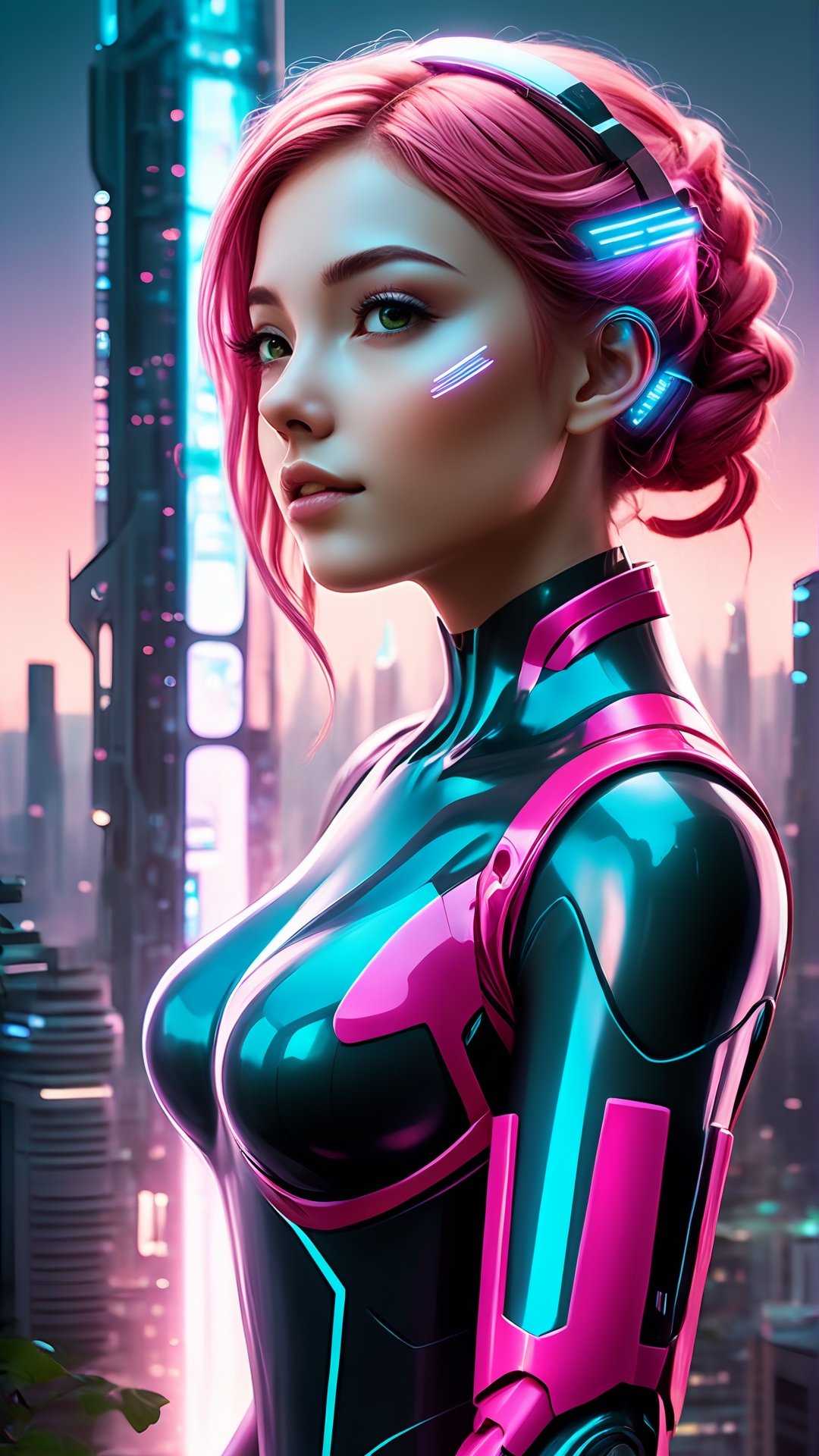 Create an illustration prompt for a female anime character in digital pop art style, described in 100 words or more:

Imagine a futuristic cityscape where technology seamlessly integrates with nature. In the foreground, a young woman with vibrant pink hair and cybernetic enhancements exudes confidence and grace. She wears a sleek, high-tech bodysuit adorned with glowing neon accents, embodying the fusion of organic and synthetic elements. Behind her, towering skyscrapers with holographic displays illuminate the skyline, while bioluminescent plants and cascading waterfalls add a touch of natural beauty. The scene captures the harmony between human innovation and the environment, blending futuristic aesthetics with the timeless allure of nature in a captivating digital pop art style.