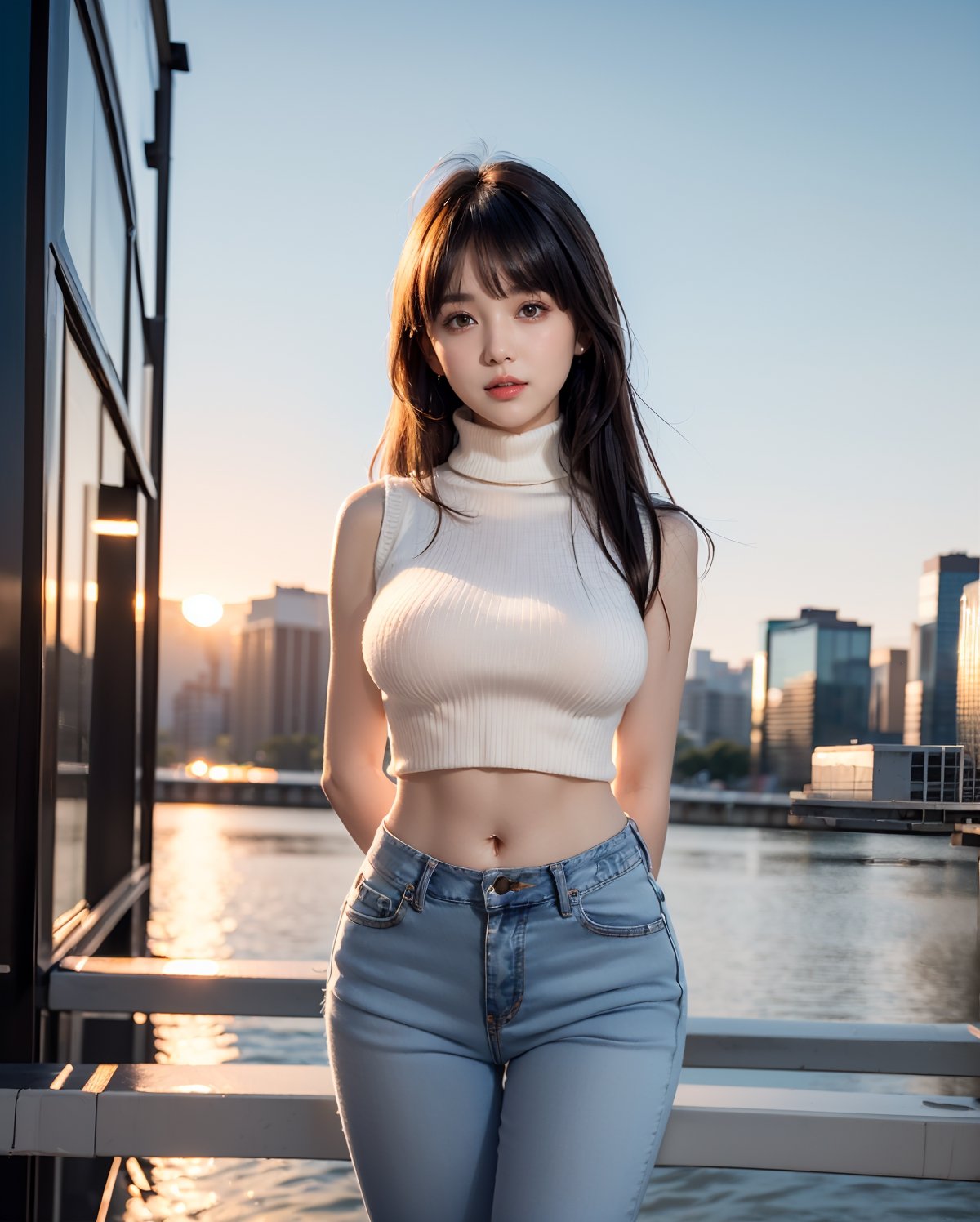 (full body portrait:1.3), (long straight hair with bangs:1.2), windblown hair, (salon style hair:1.3), (shiny black hair:1.3), (hime cut bangs:1.5), ((centered image)), a stunning beautiful and busty woman, 20yo, 
BREAK, 
((sunset street:1.3), in city, metropolis, (looking at the viewer:1.3), (view viewer), (facing the viewer:1.3), (standing with arms behind back:1.3), 
BREAK, 
masterpiece, best quality, highres, 1girl, Korean hot model, looking at viewer:1.3, (smile:0.6), wearing ((white body fit sleeveless turtleneck knit sweater and skinny jeans:1.3)),  realistic, busty, (sagging breasts:1.37), (medium breasts:1.37),(narrow waist:1.3),(thin legs:1.3), parted lips, glossy juicy lips, pink lips, ,Realism,photo of perfecteyes eyes