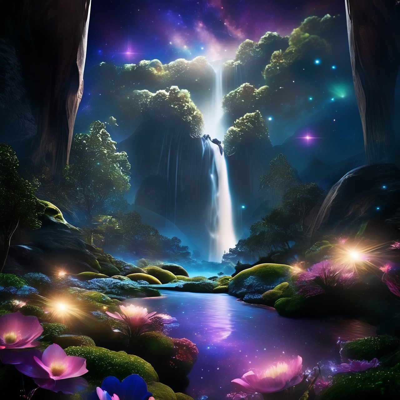 Envision a surreal spectacle where the ethereal dance of the cosmos intertwines seamlessly with the splendor of nature: a hyper-realistic depiction of a nocturnal dreamscape. Behold a vast expanse of starry heavens, each celestial body gleaming with an otherworldly brilliance against the velvety backdrop of space. Towering mountains adorned with cascading waterfalls loom in the distance, their peaks piercing the heavens like ancient titans. Below, a lush forest shimmers with an iridescent glow, its flora illuminated by the celestial radiance above. As you immerse yourself in this fantastical realm, you're enveloped by a sense of wonder and awe at the harmonious convergence of the cosmic and the terrestrial—a testament to the boundless creativity of the universe.