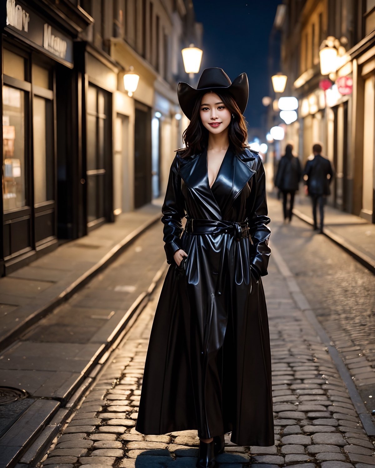 In the moonlit streets of Brussels, an urban woman emerges as the epitome of nocturnal allure. Encapsulating the vibrant energy of the city after dark, the scene unfolds with every step she takes. The ambient glow from streetlights casts a gentle halo, accentuating the architectural marvels that surround her. The cobblestone paths beneath her feet resonate with history, echoing the tales of this European metropolis. Her silhouette, adorned with the chic sophistication synonymous with Brussels' culture, is a testament to the fusion of tradition and modernity. As the night unfolds, the camera captures the nuanced emotions and the quiet strength that define her urban journey, resulting in a hyper-realistic portrait that transcends the boundaries of mere photography.
BREAK, 
A sheer salon style long windblown hair, masterpiece, best quality, ultra high res, 1girl, solo, a stunning pretty and beautiful TAIWAN hot model, 20yo, looking at viewer:1.3, (bright smile:1.1),(fantasy:1.3), wearing a (black leather maxi coat, black leather maxi dress),(black stylish theme:1.4), break, realistic, busty, (round breasts:1.2),(large breasts:1.3),(sagging breasts:1.3),(narrow waist:1.3), (standing with hands in pocket:1.3), sexy gaze, blush, 1girl, (cowboy shot:1.6),1 girl, ((centered image)),myk__gram, shrap focus, depth of filed, 