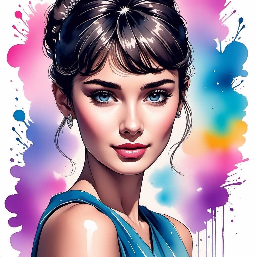 ink art, a beautiful caucasian girl, Audrey Hepburn, anime style, smiling with style, dynamic poses, ultra colorfull, white background, details, clean, masterpiece,,<lora:659095807385103906:1.0>