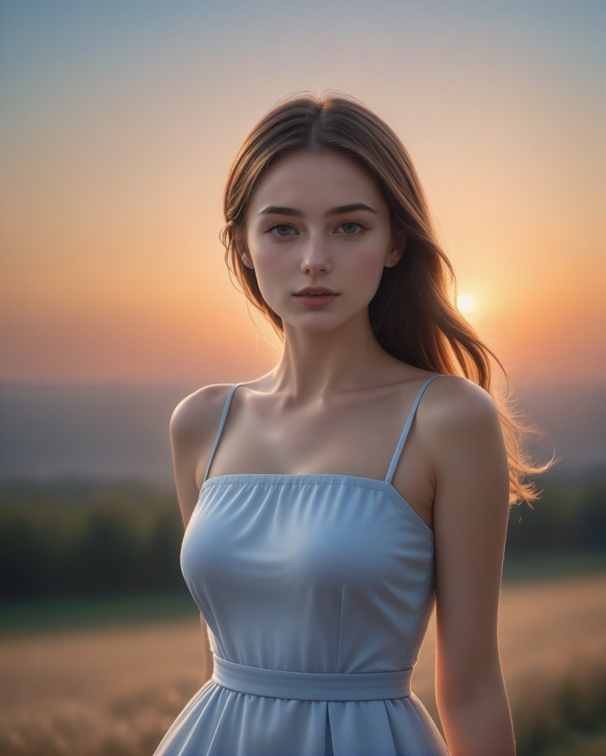 A stunning beautiful European woman, 22yo, tall, slender, wearing a chic dress, very bright backlighting, backlighting theme image, sunset, sunset sneery, realistic, photorealistic, hyperrealism, best quality, masterpiece, 8k, sunset light irradiated her body. 