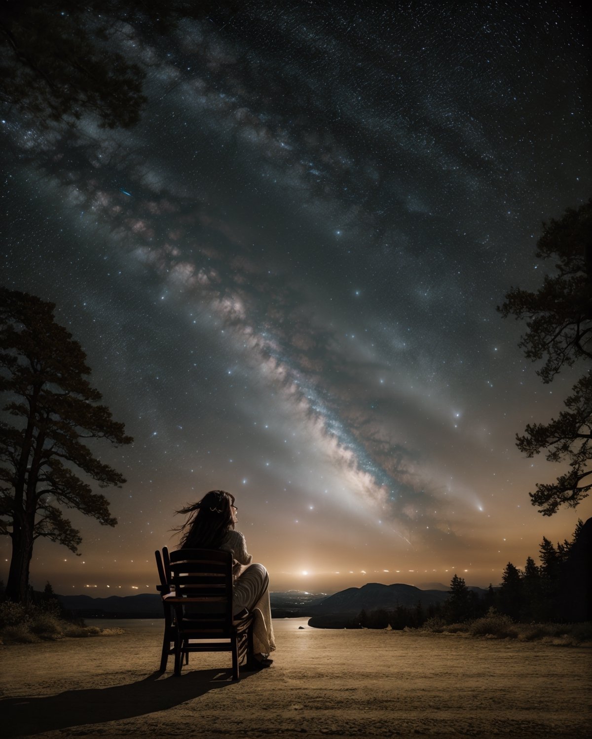 A female singer in her twenties sits gracefully in a chair, legs crossed, under the stars shining in the night sky. Her hair sways in the wind, and the glow of the starry sky beautifully illuminates her flowing locks. The singer modestly holds her guitar and plays a song with an impassioned expression. In the starry sky, a flowing Milky Way stretches out, creating a dreamy atmosphere. The lights and notes drifting around her symbolize the magic of music. The back of the chair is carved with a constellation pattern, creating a sense of unity between sky and earth. It is a passionate scene, as if her voice is spreading out into the universe and the stars are resonating with her melodies.